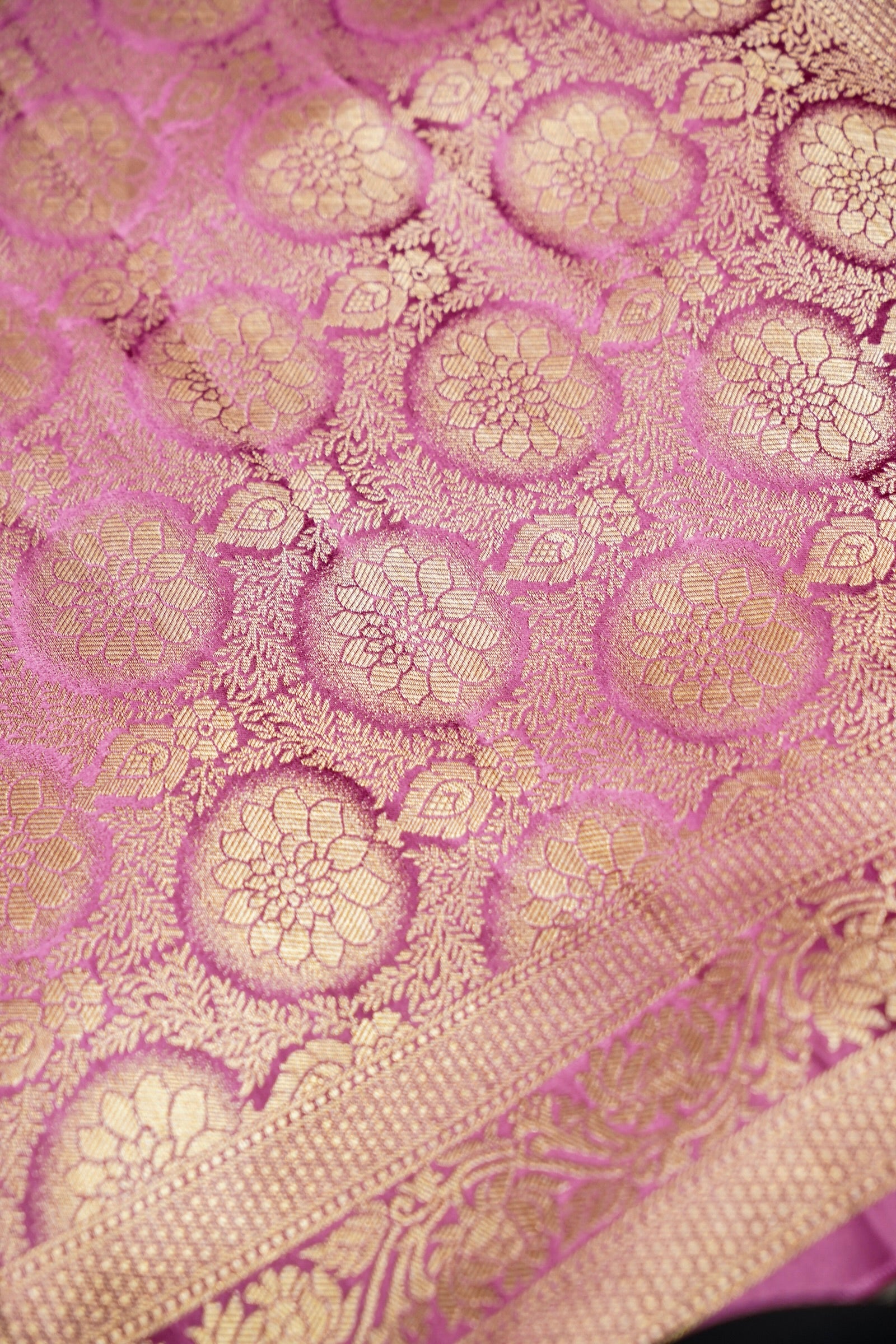 Berry Pink Mashru Silk Saree with Champagne Gold Border