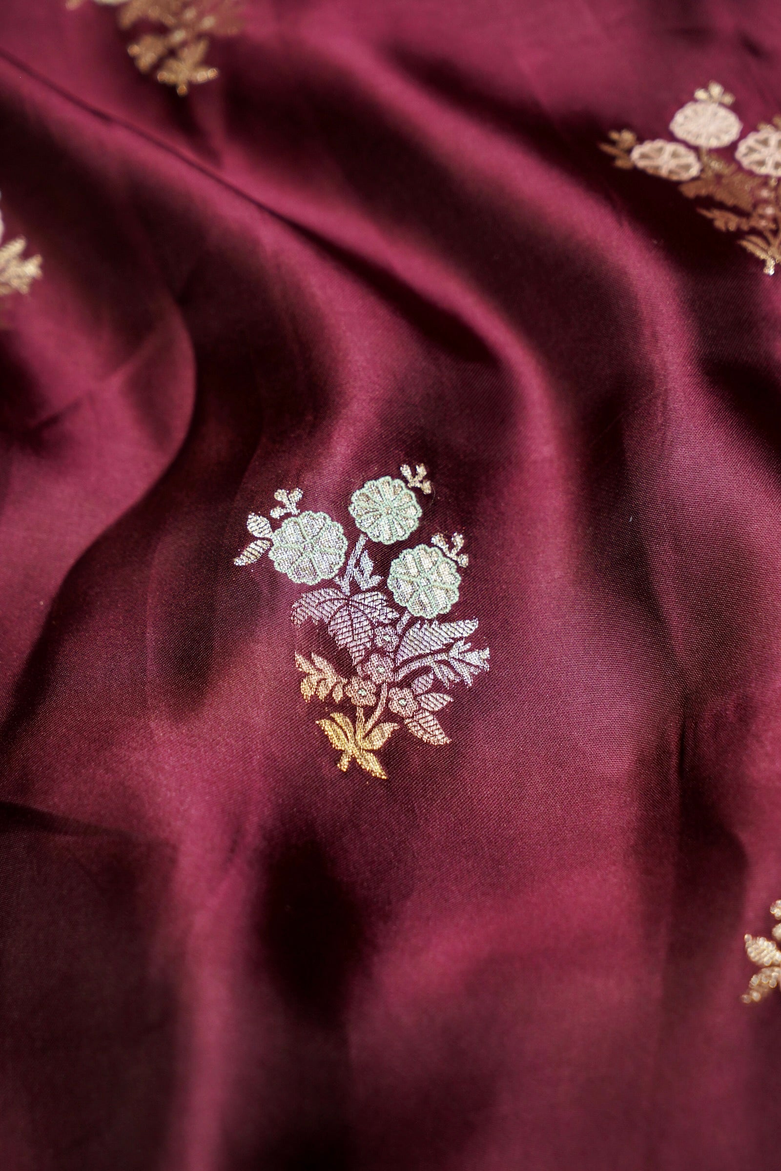 Brown Wine Mashru Silk Saree with Champagne Gold Border