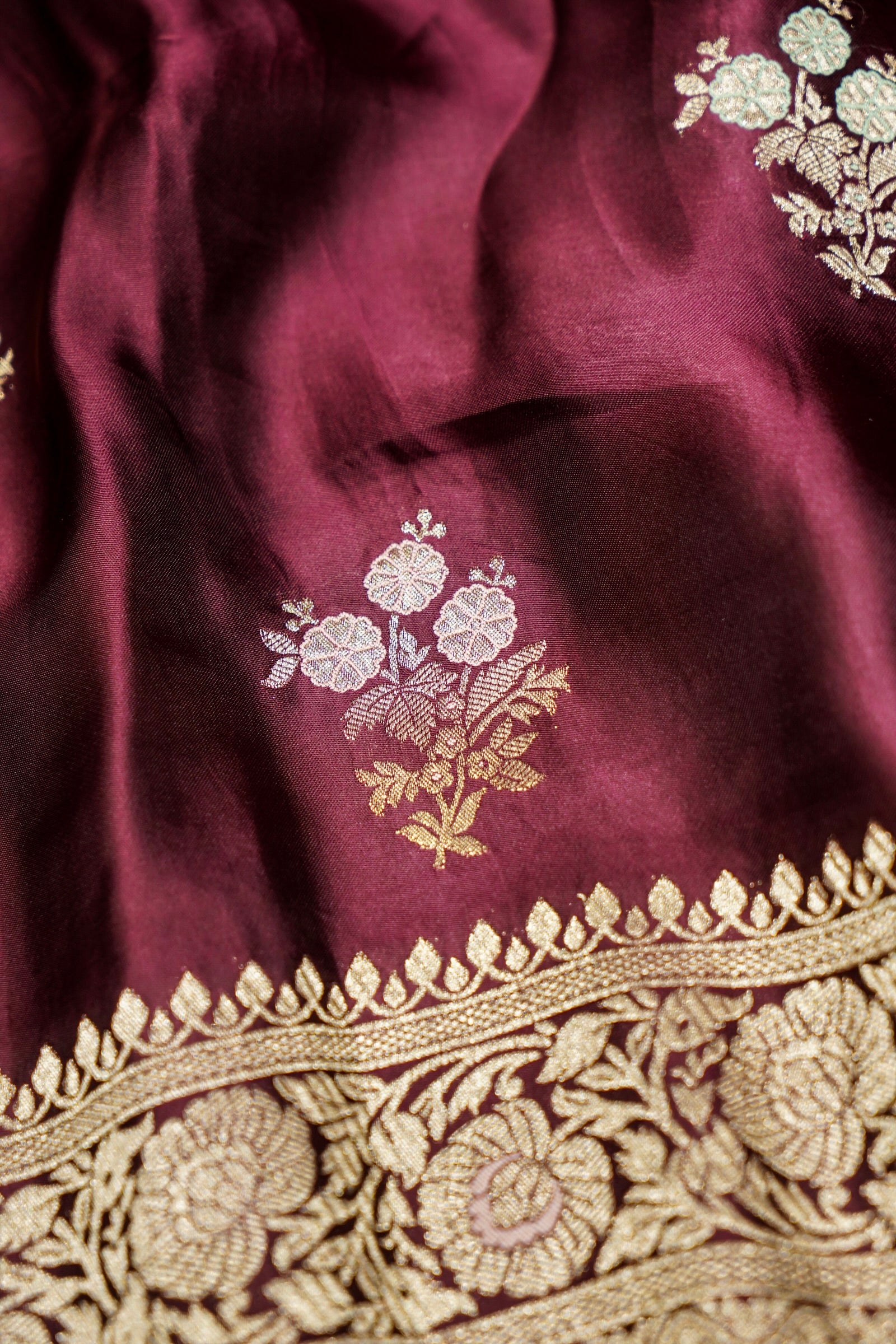 Brown Wine Mashru Silk Saree with Champagne Gold Border