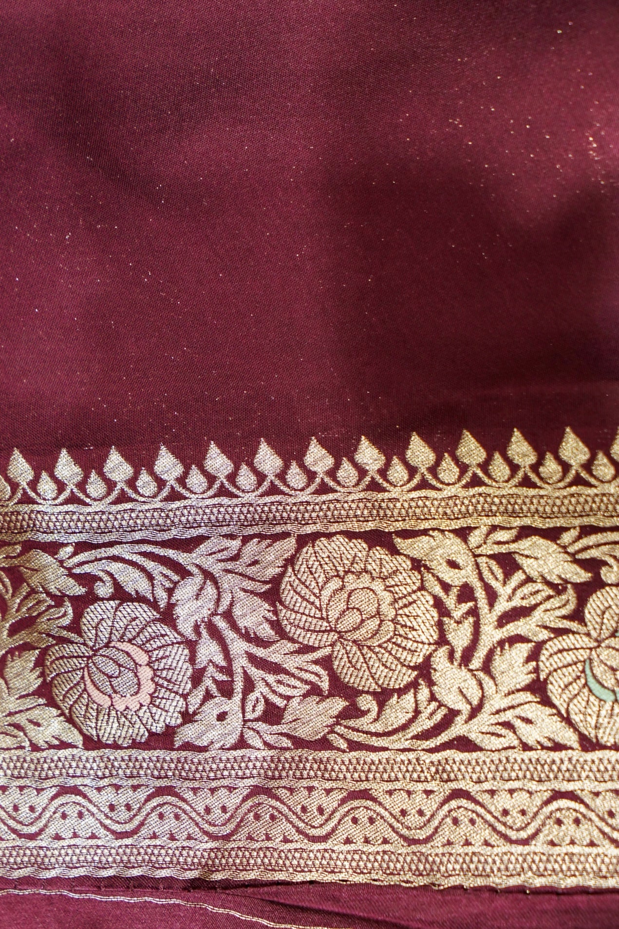 Brown Wine Mashru Silk Saree with Champagne Gold Border