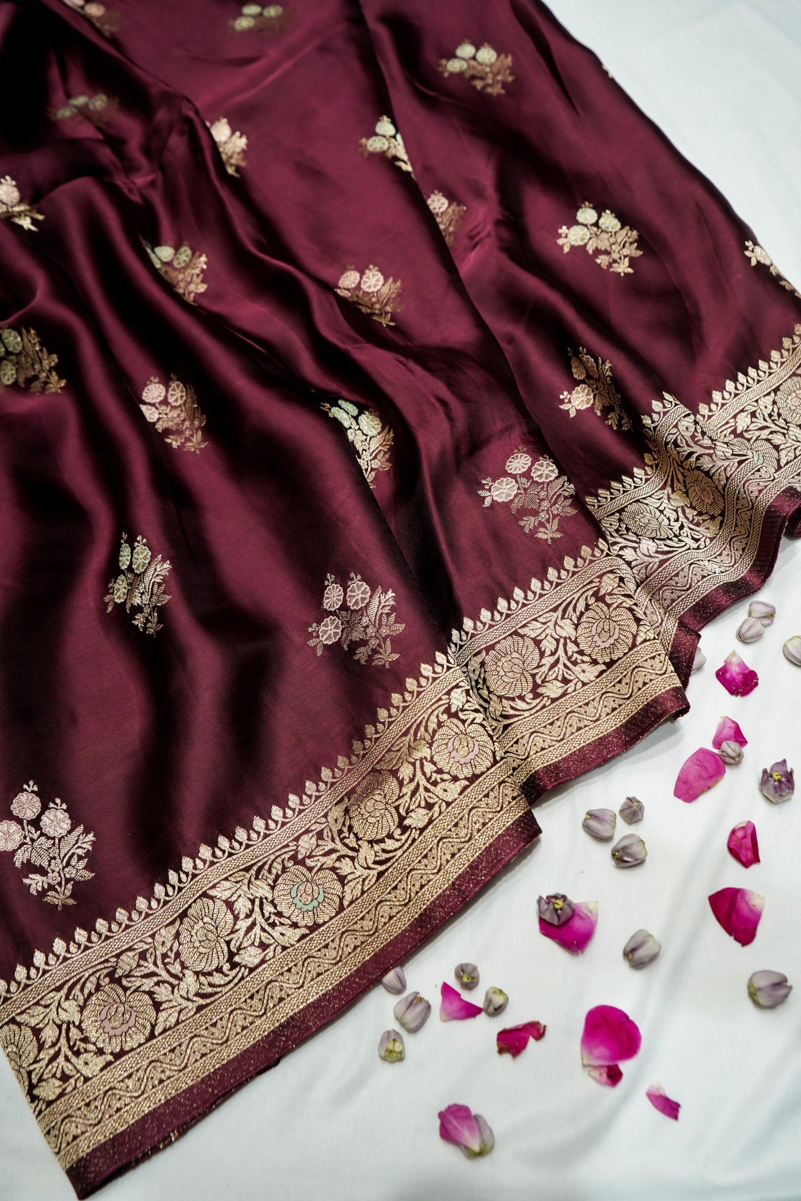 Brown Wine Mashru Silk Saree with Champagne Gold Border