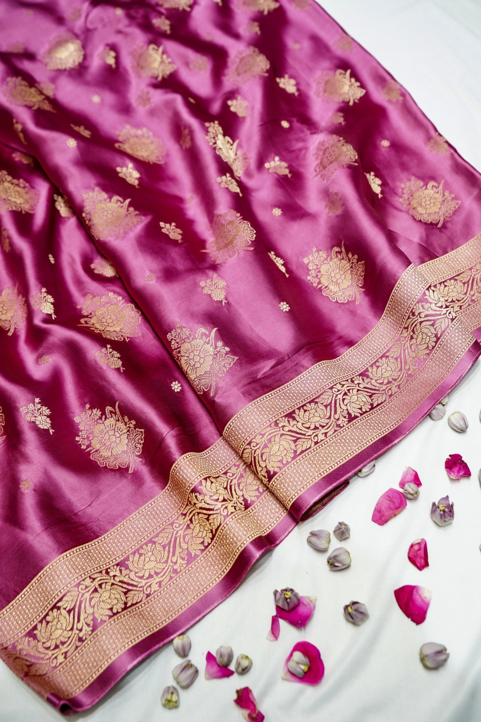 Berry Pink Mashru Silk Saree with Champagne Gold Border