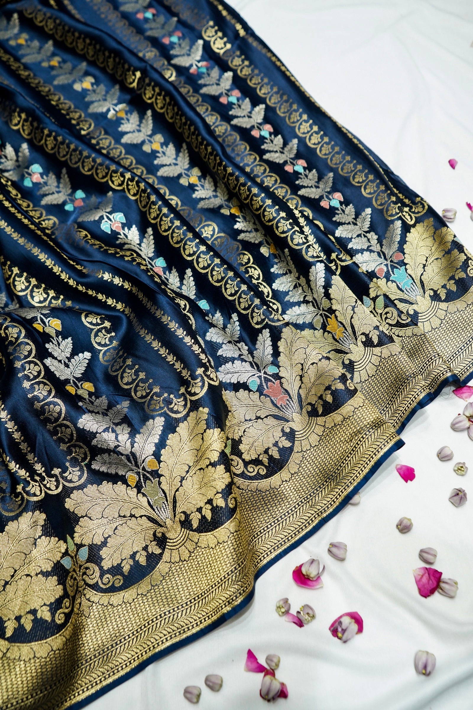 Sapphire Blue Mashru Silk Saree with Champagne Gold Border