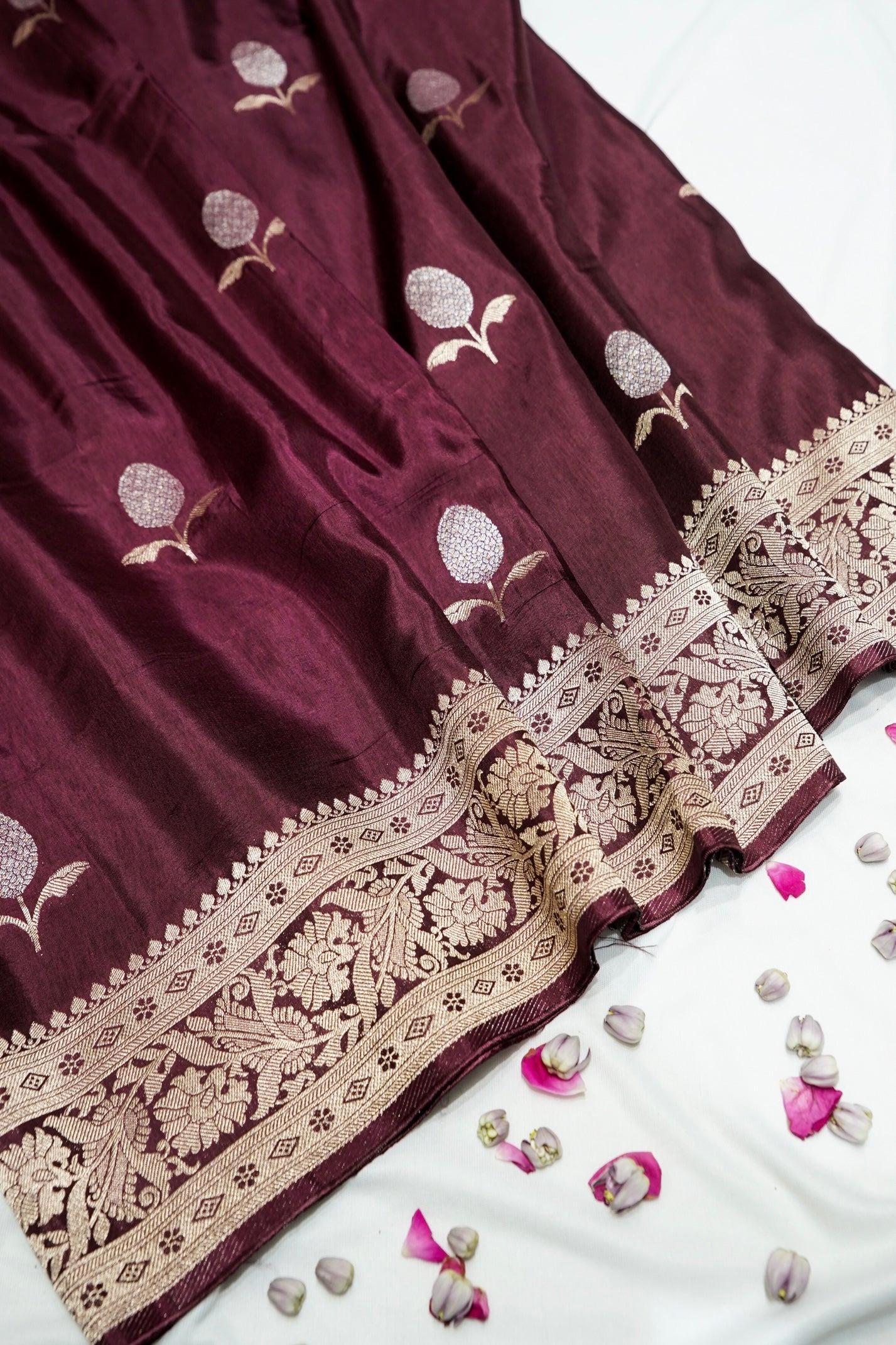 Wine Maroon Mashru Silk Saree with Champagne Gold Border