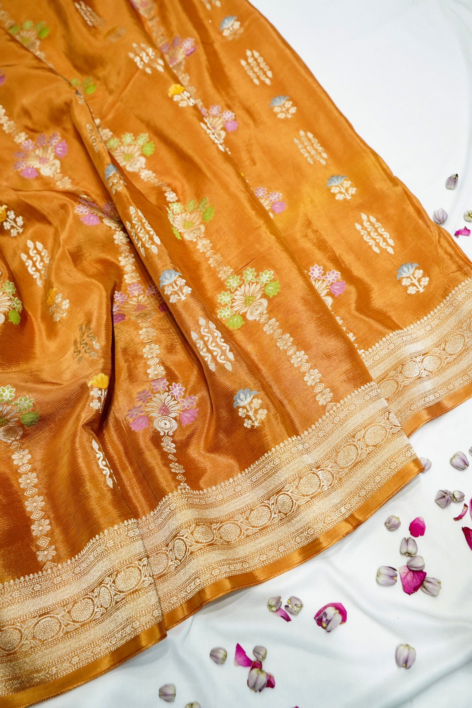 Rich Burnt Orange Chinon Silk Saree with Champagne Gold Border