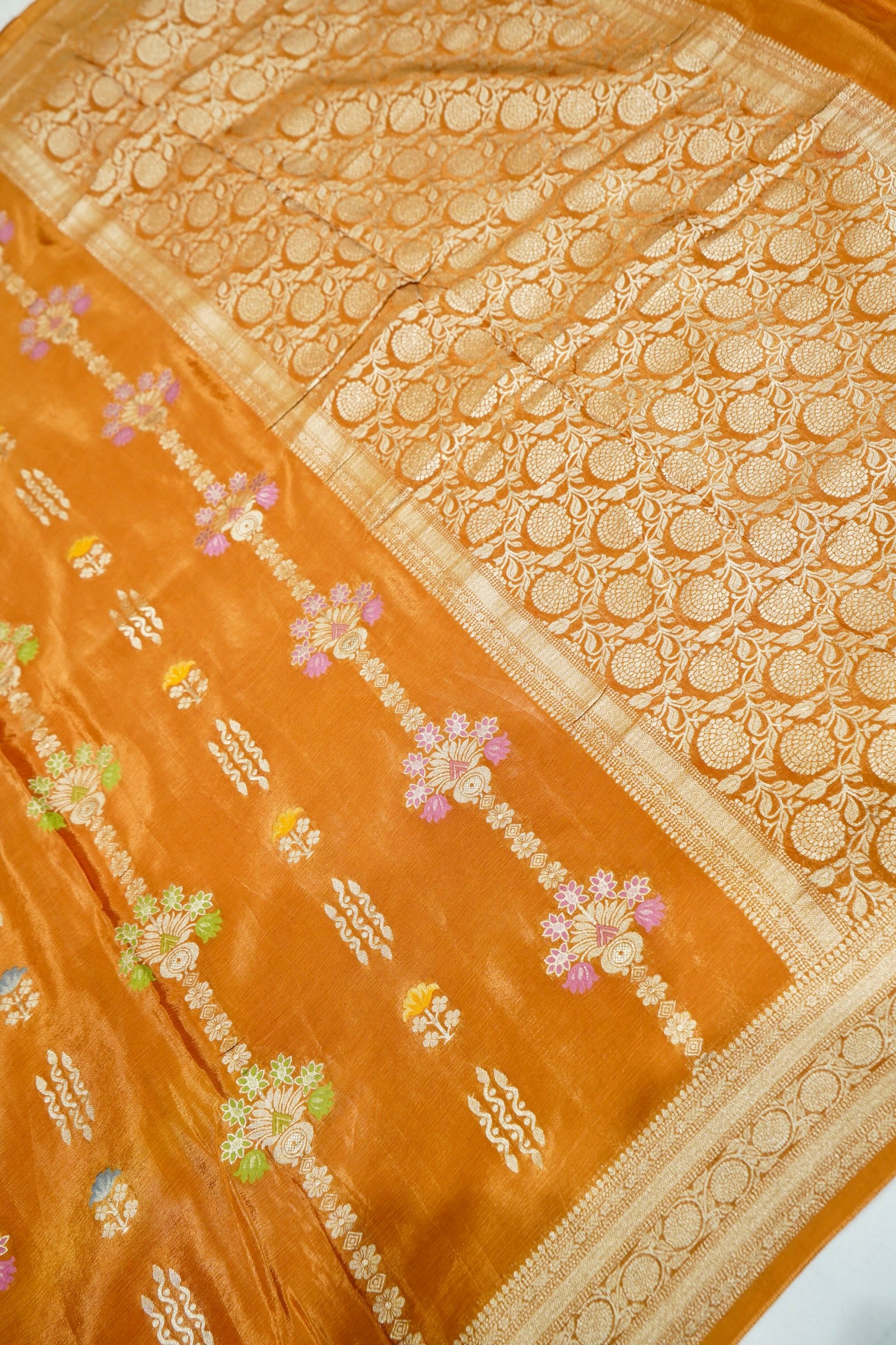 Rich Burnt Orange Chinon Silk Saree with Champagne Gold Border