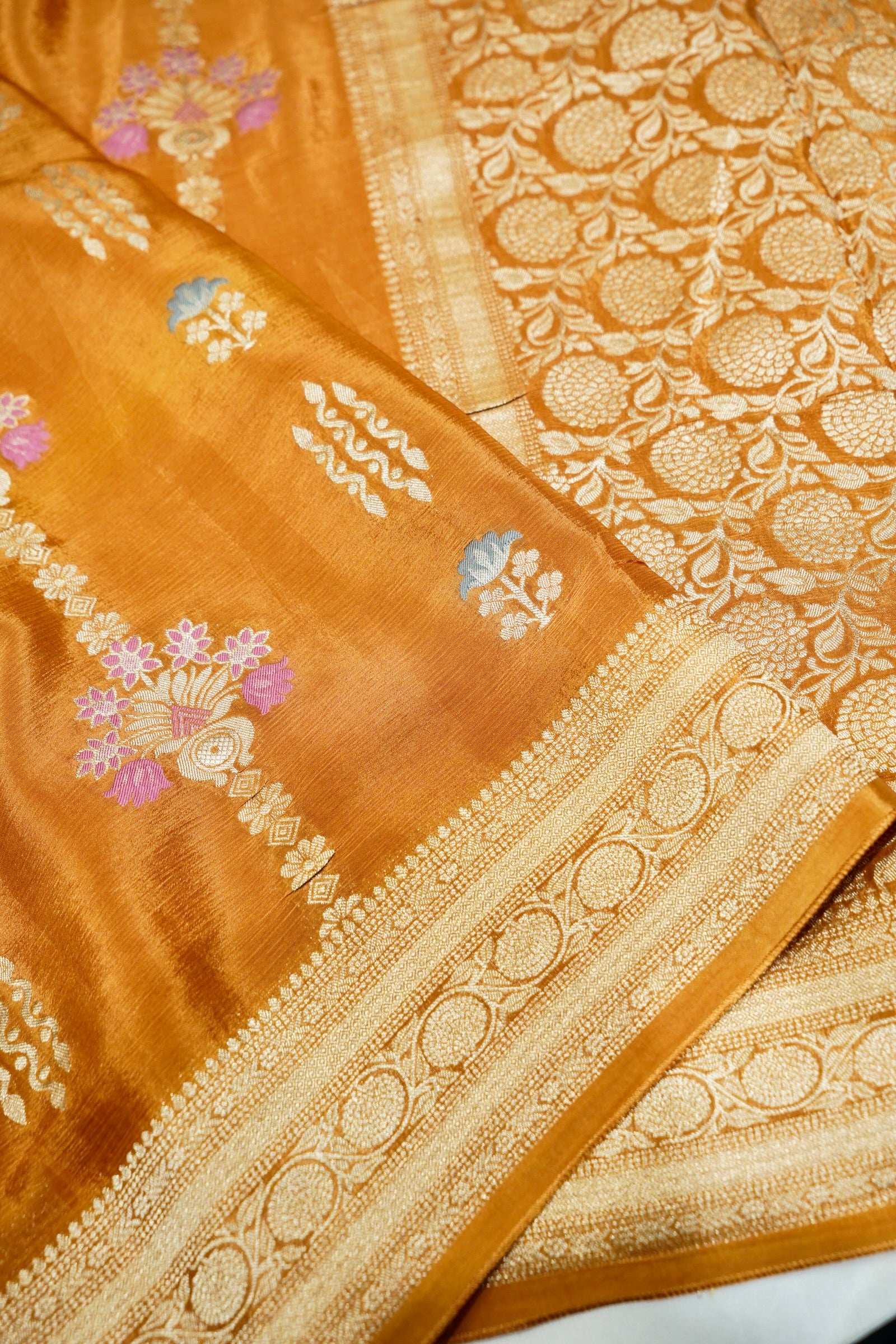 Rich Burnt Orange Chinon Silk Saree with Champagne Gold Border