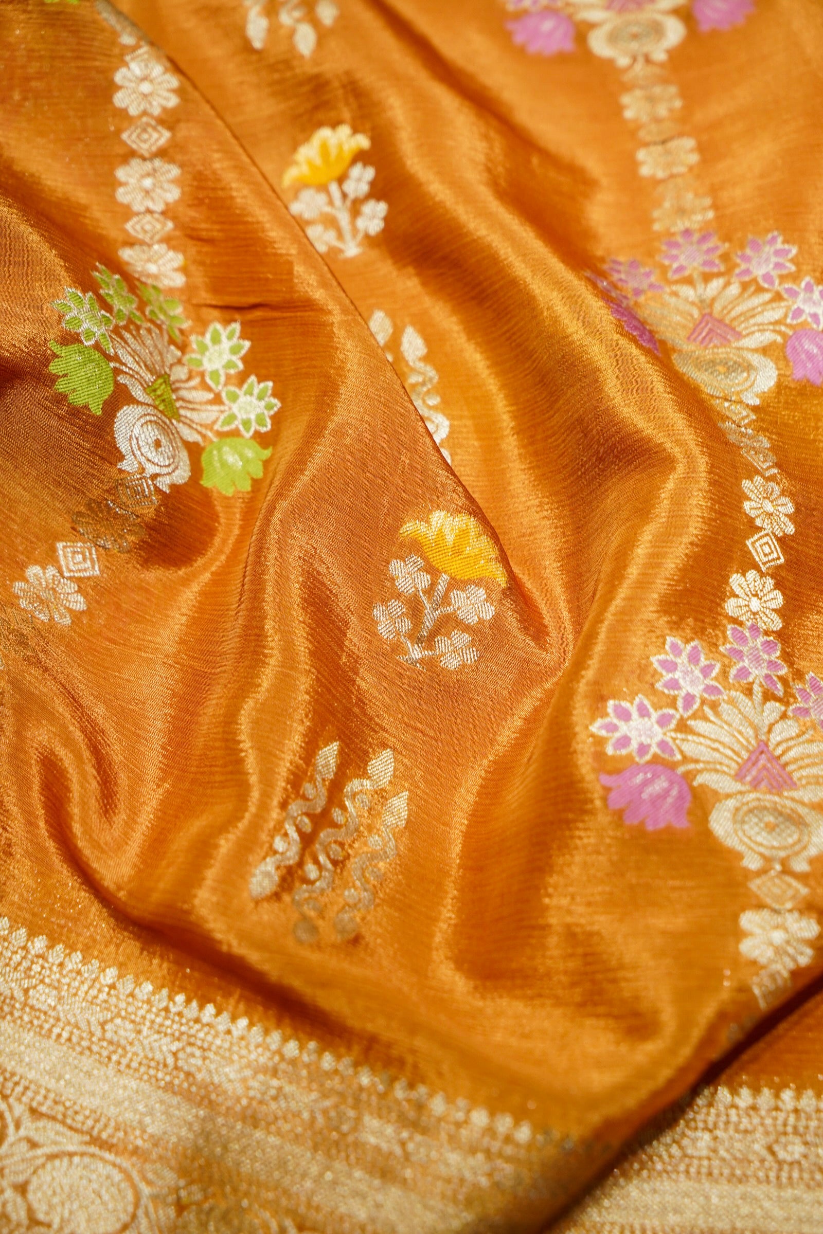 Rich Burnt Orange Chinon Silk Saree with Champagne Gold Border