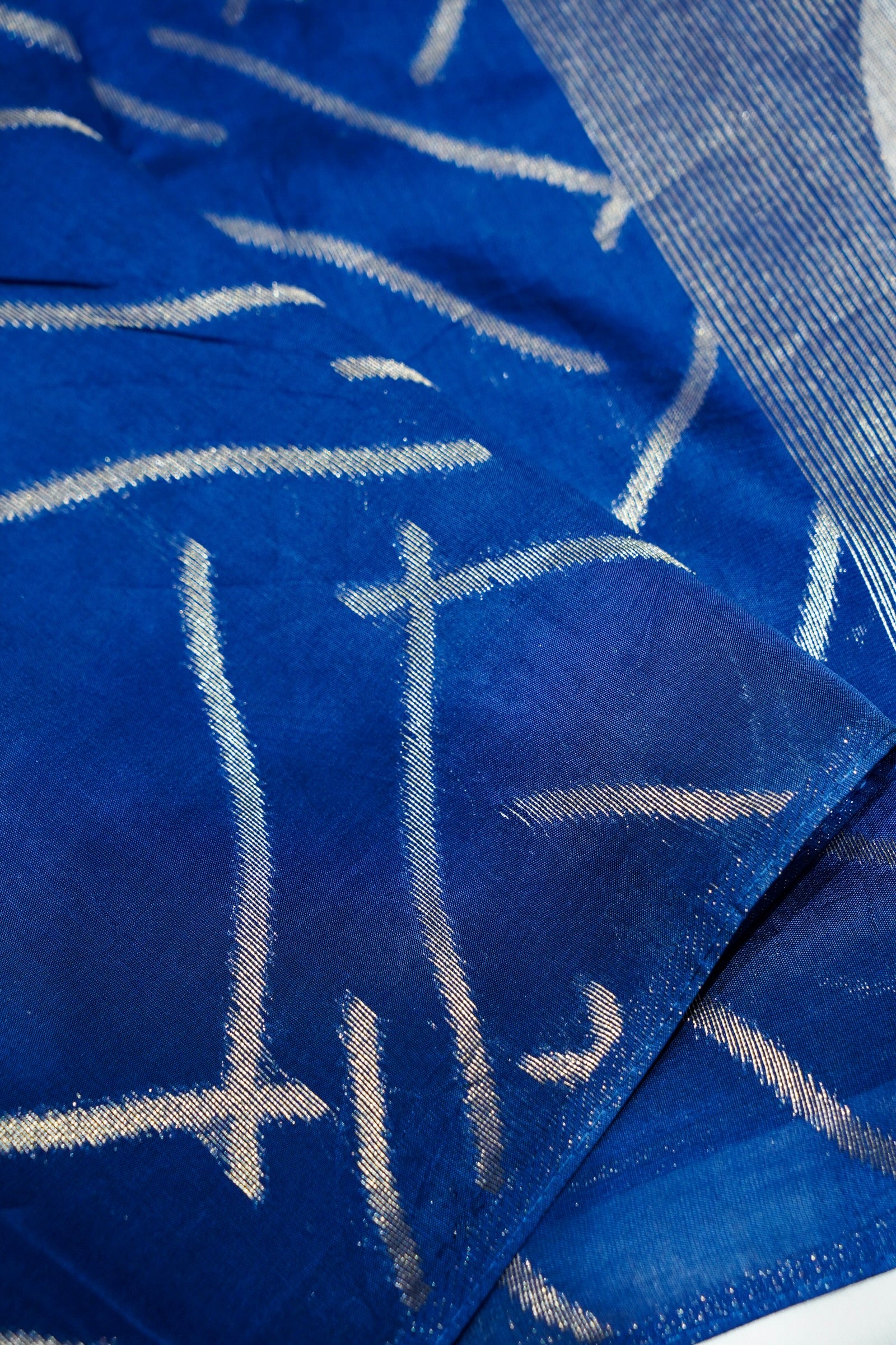 Cobalt Blue Muslin Cotton Saree with Silver Weave