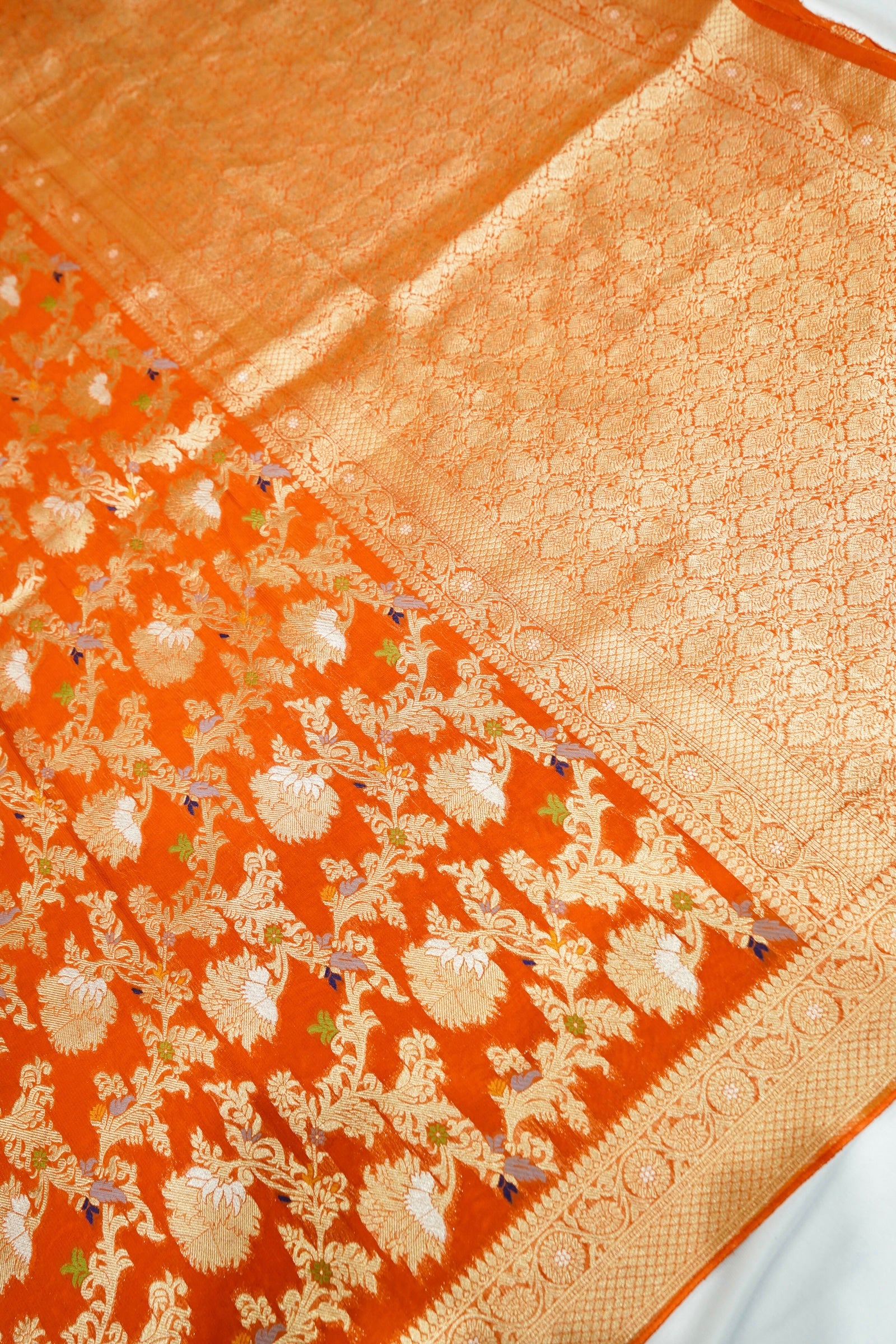 Tangerine Orange Semi Georgette Silk Saree with Gold Zari Border