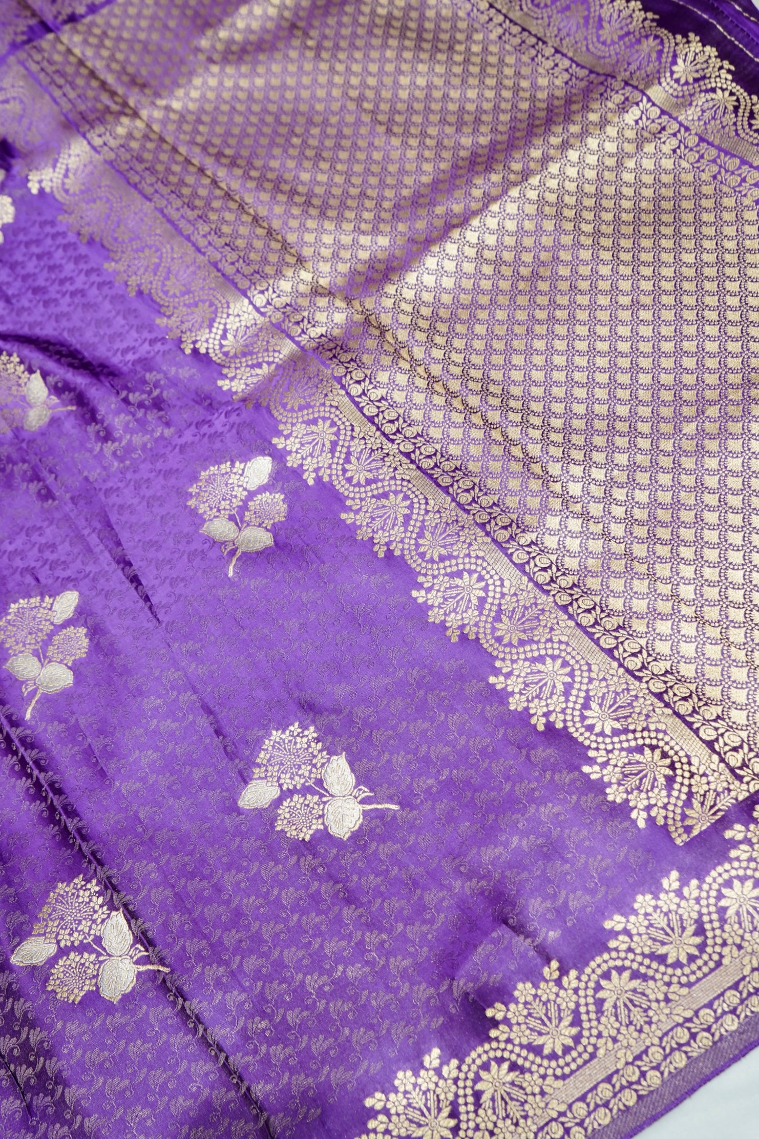 Amethyst Purple Mashru Tissue Silk Saree with Gold Zari Border