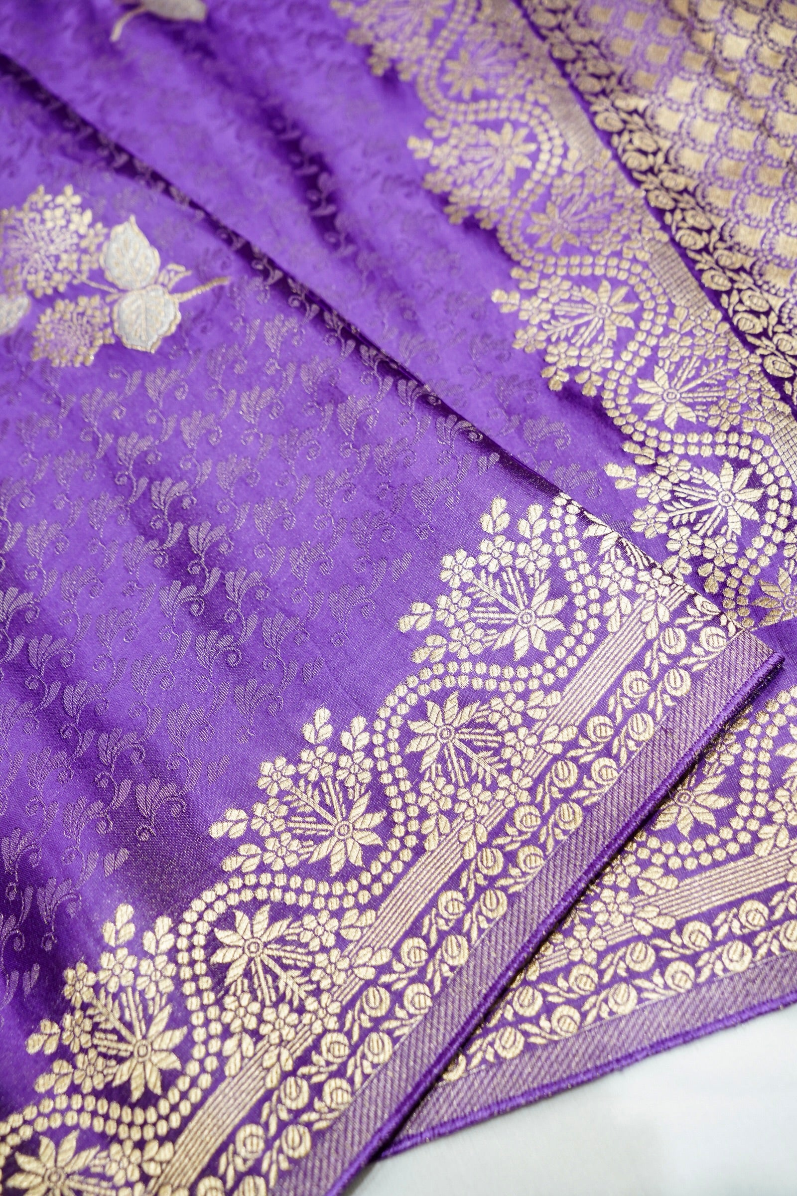 Amethyst Purple Mashru Tissue Silk Saree with Gold Zari Border