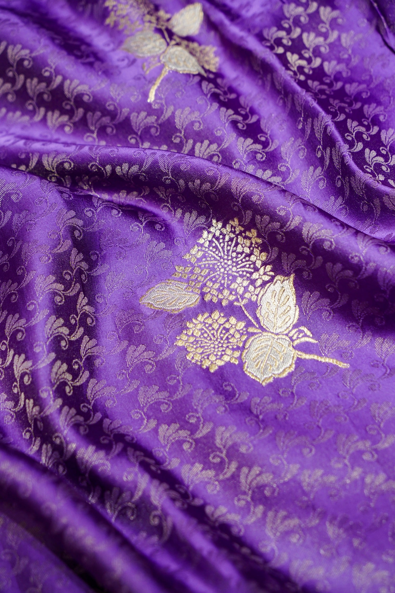 Amethyst Purple Mashru Tissue Silk Saree with Gold Zari Border