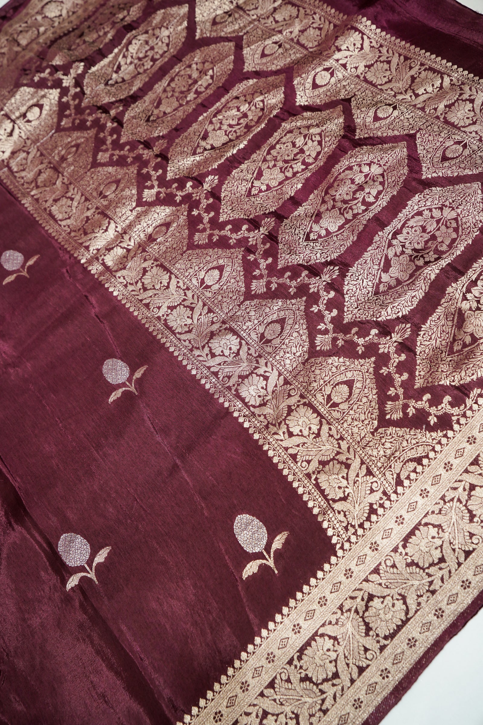 Wine Maroon Mashru Silk Saree with Champagne Gold Border