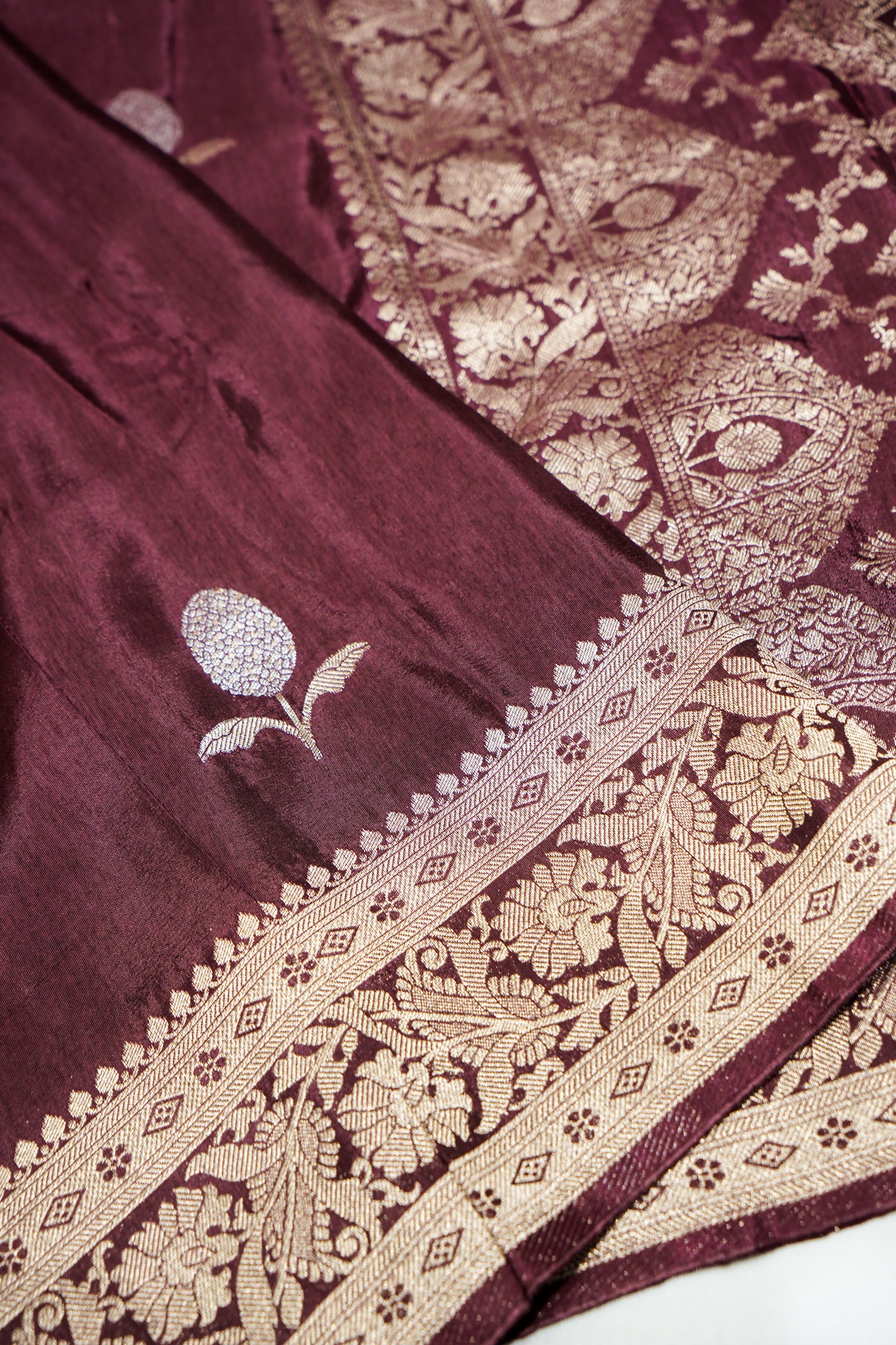 Wine Maroon Mashru Silk Saree with Champagne Gold Border