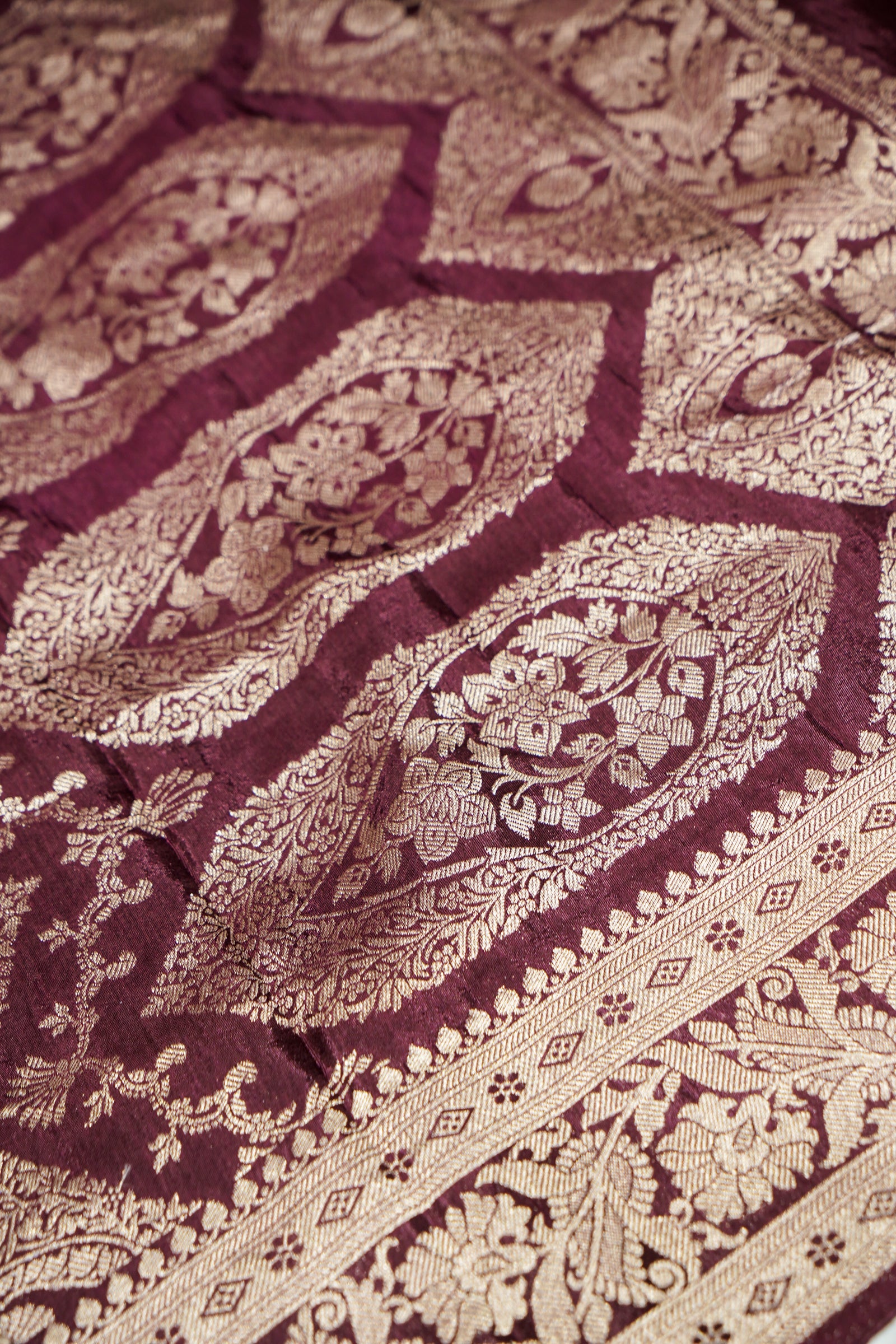 Wine Maroon Mashru Silk Saree with Champagne Gold Border