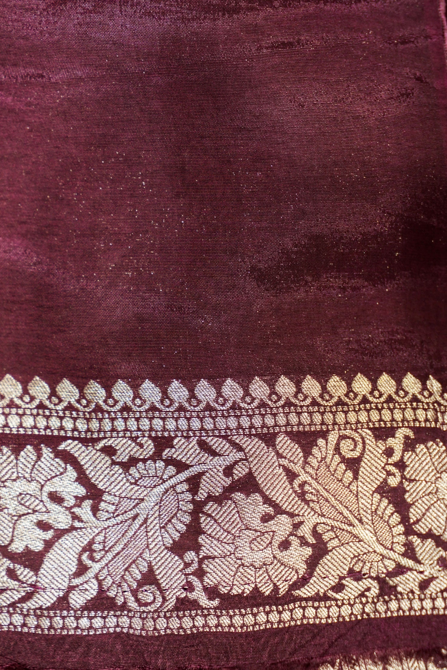 Wine Maroon Mashru Silk Saree with Champagne Gold Border