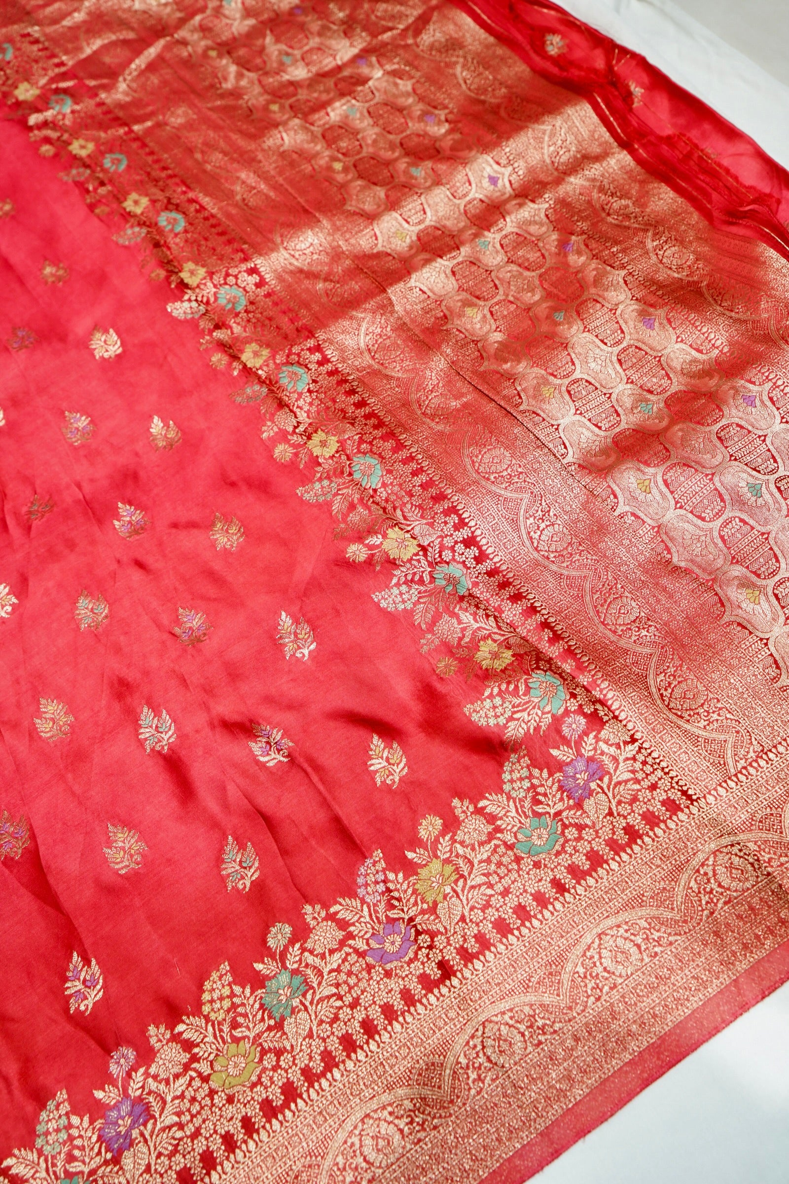 Ruby Red Mashru Silk Saree with Champagne Gold Border