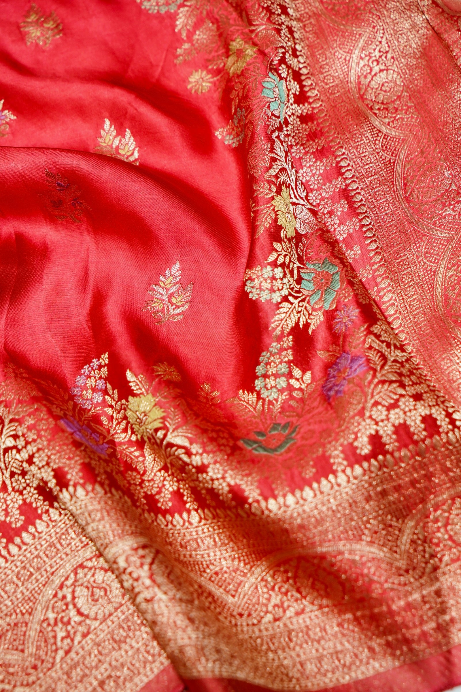 Ruby Red Mashru Silk Saree with Champagne Gold Border