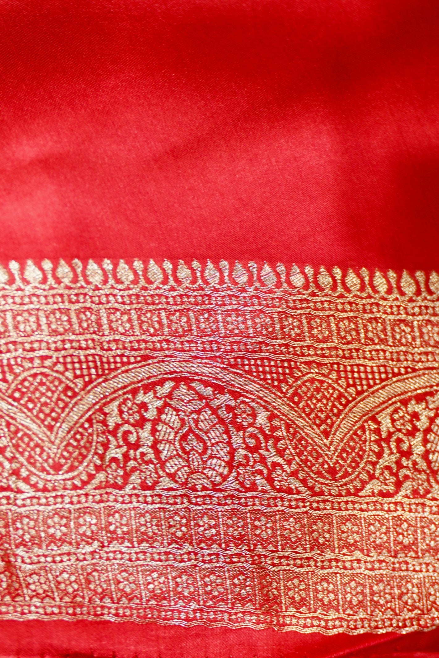 Ruby Red Mashru Silk Saree with Champagne Gold Border