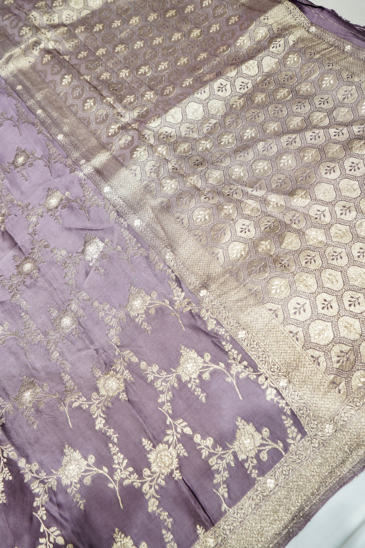 Dusty Lavender Mashru Silk Saree with Champagne Gold Border