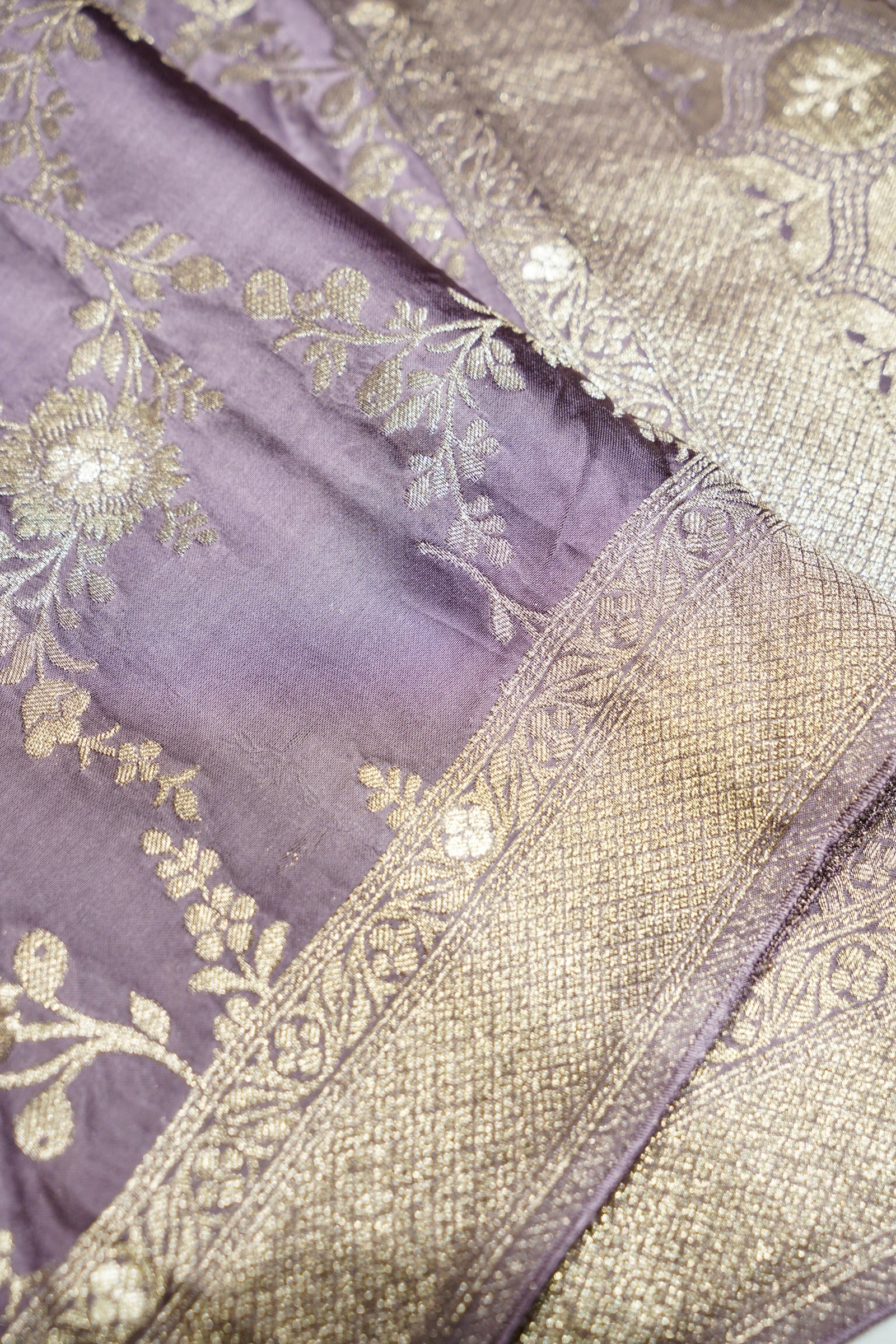 Dusty Lavender Mashru Silk Saree with Champagne Gold Border