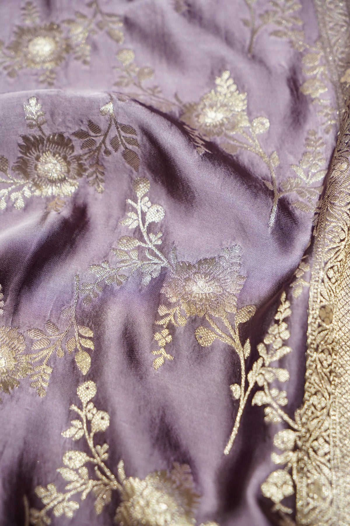 Dusty Lavender Mashru Silk Saree with Champagne Gold Border