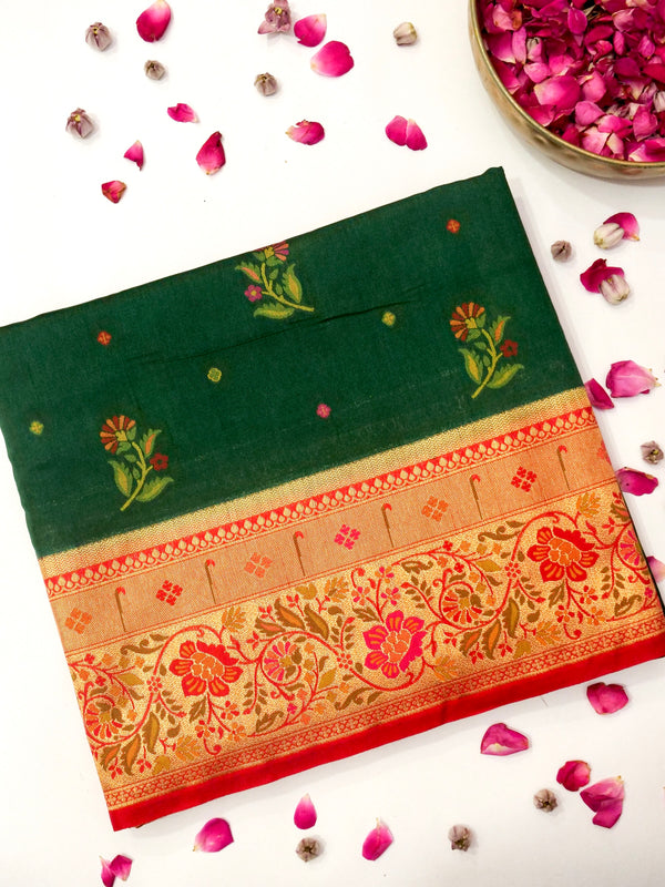 Bottle Green Patola Silk Saree with Contrast Coral Floral Zari Border