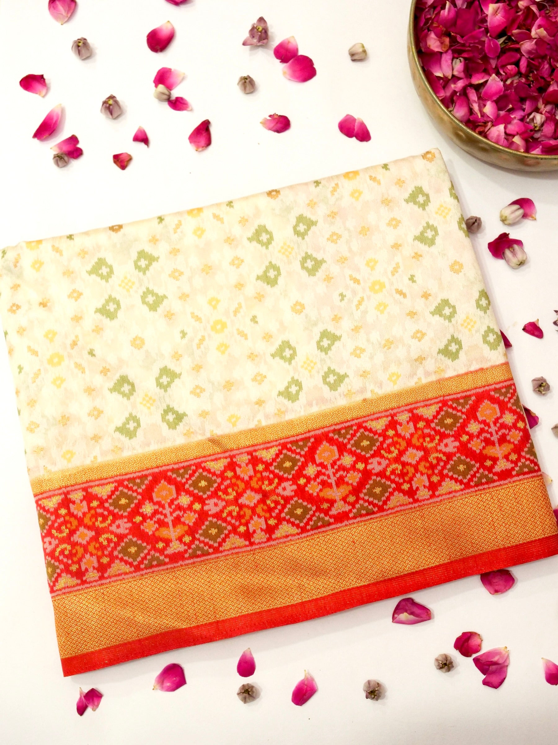 Soft Ivory Patola Silk Saree with Coral Red Border