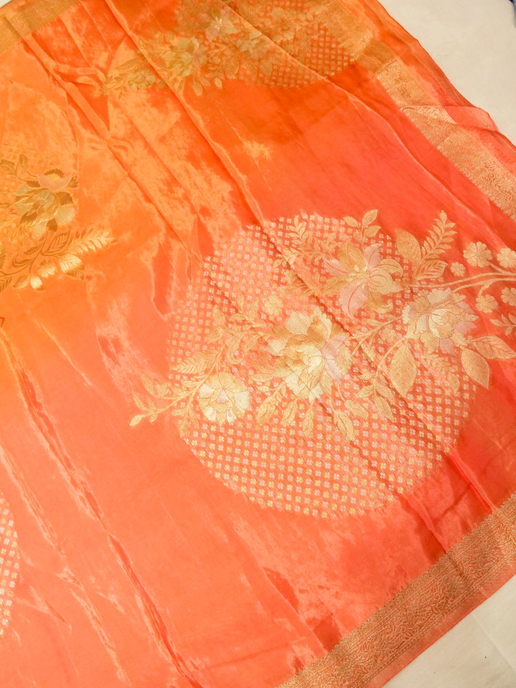 Salmon Peach Ombré Shade Muslin Silk Saree with Champagne Border