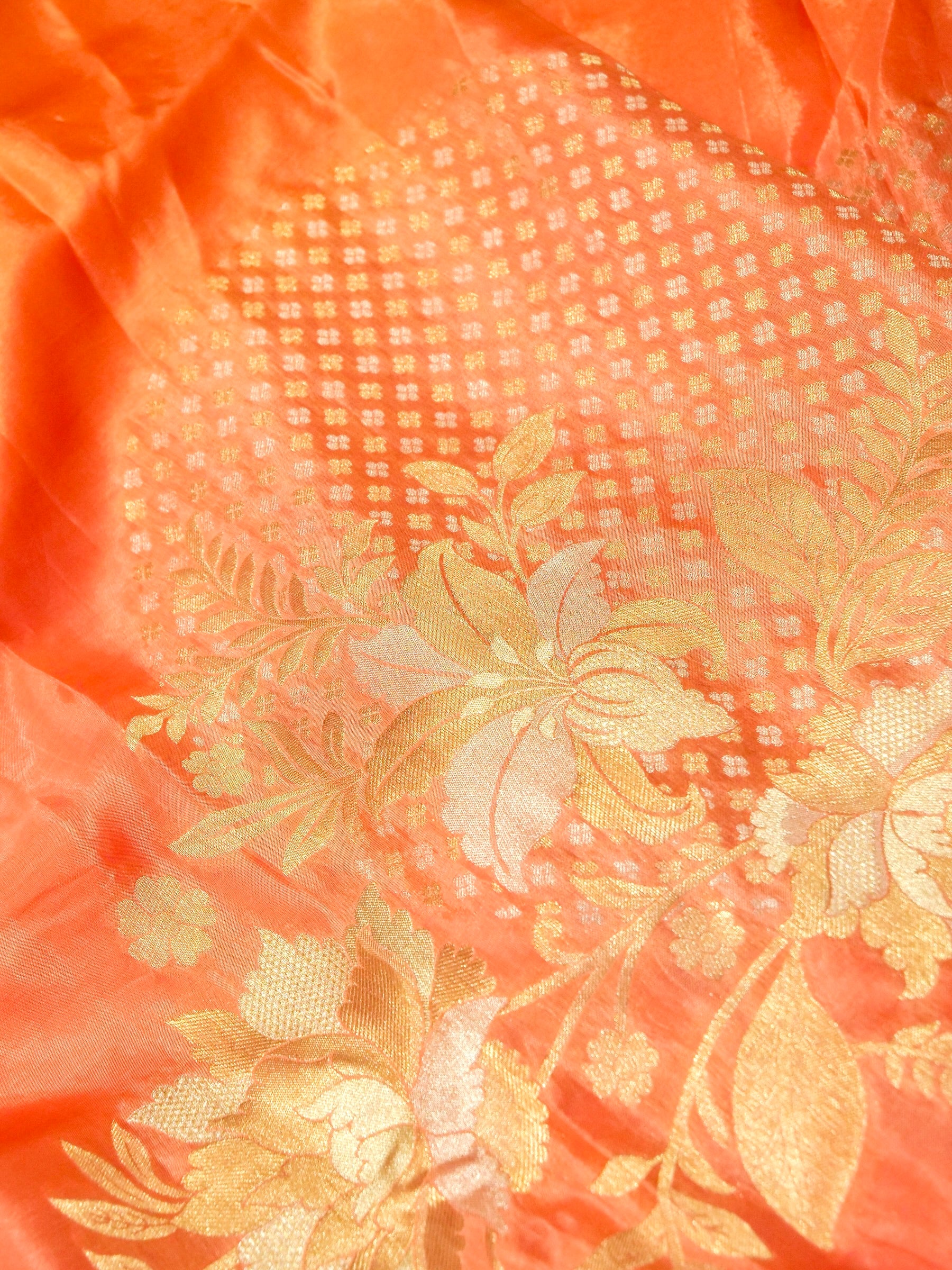 Salmon Peach Ombré Shade Muslin Silk Saree with Champagne Border