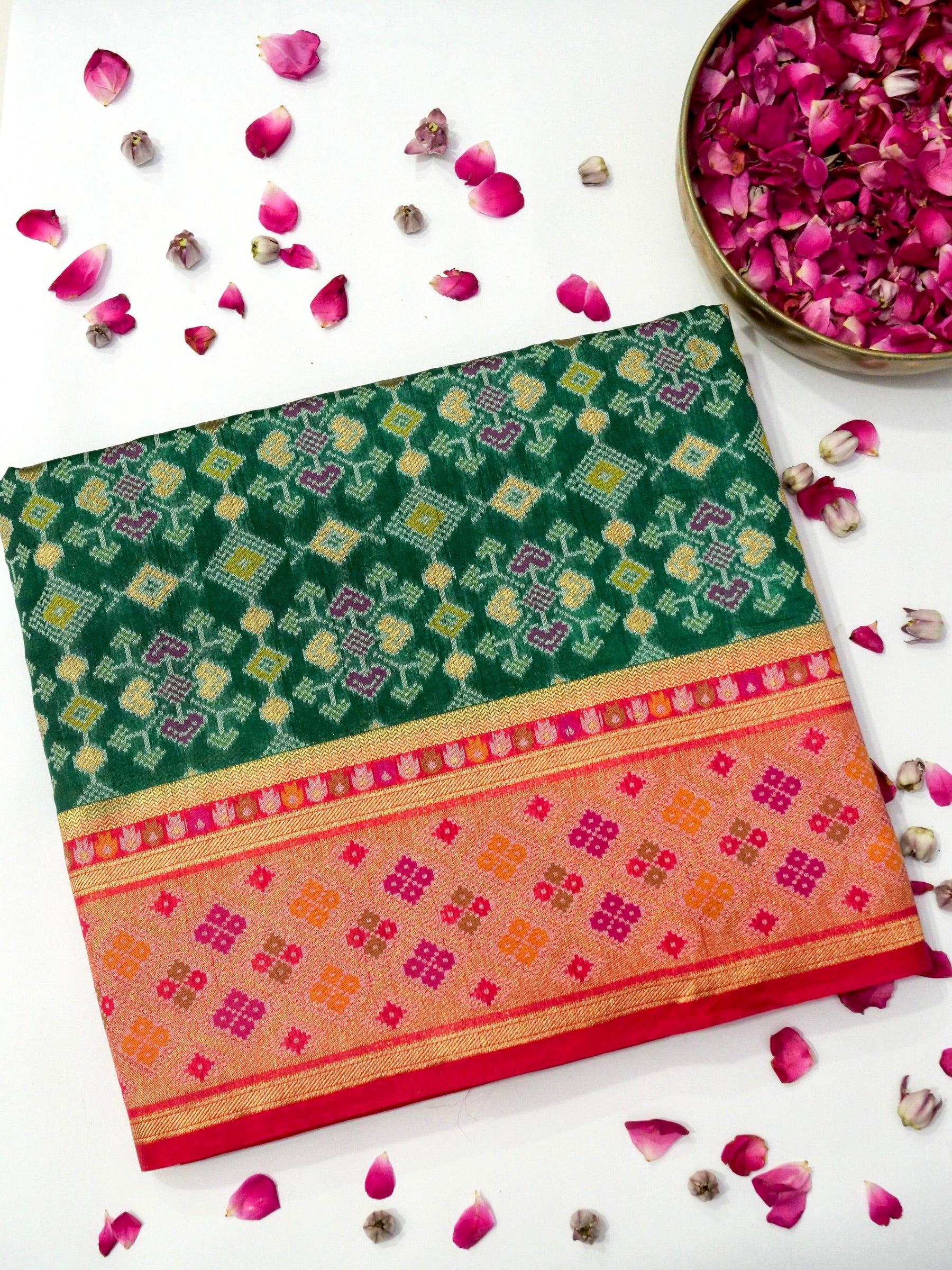Emerald Green Patola Silk Saree with Contrast Peach Pink Border