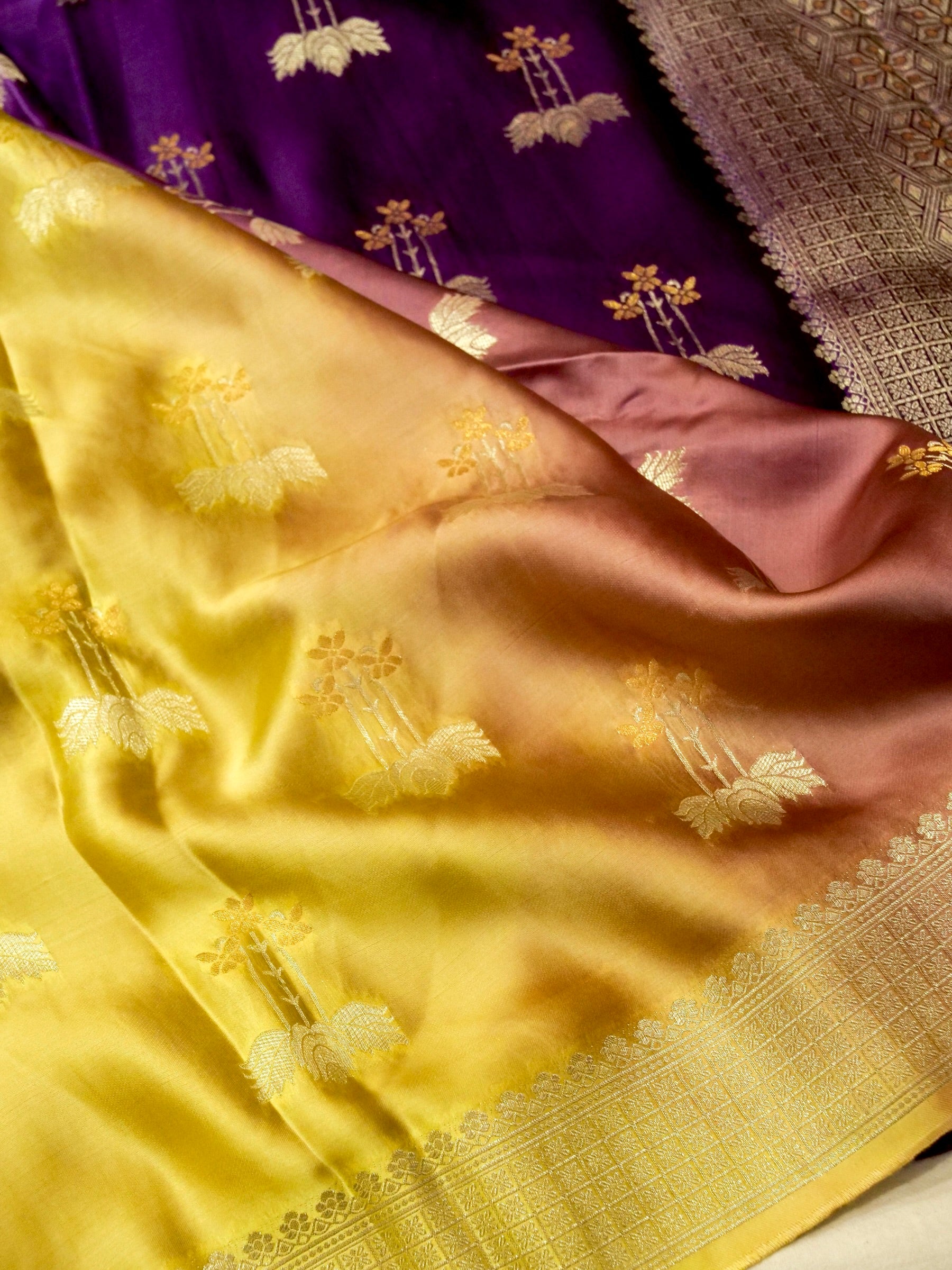 Sunset Symphony Ombré Mashru Silk Saree with Champagne Border