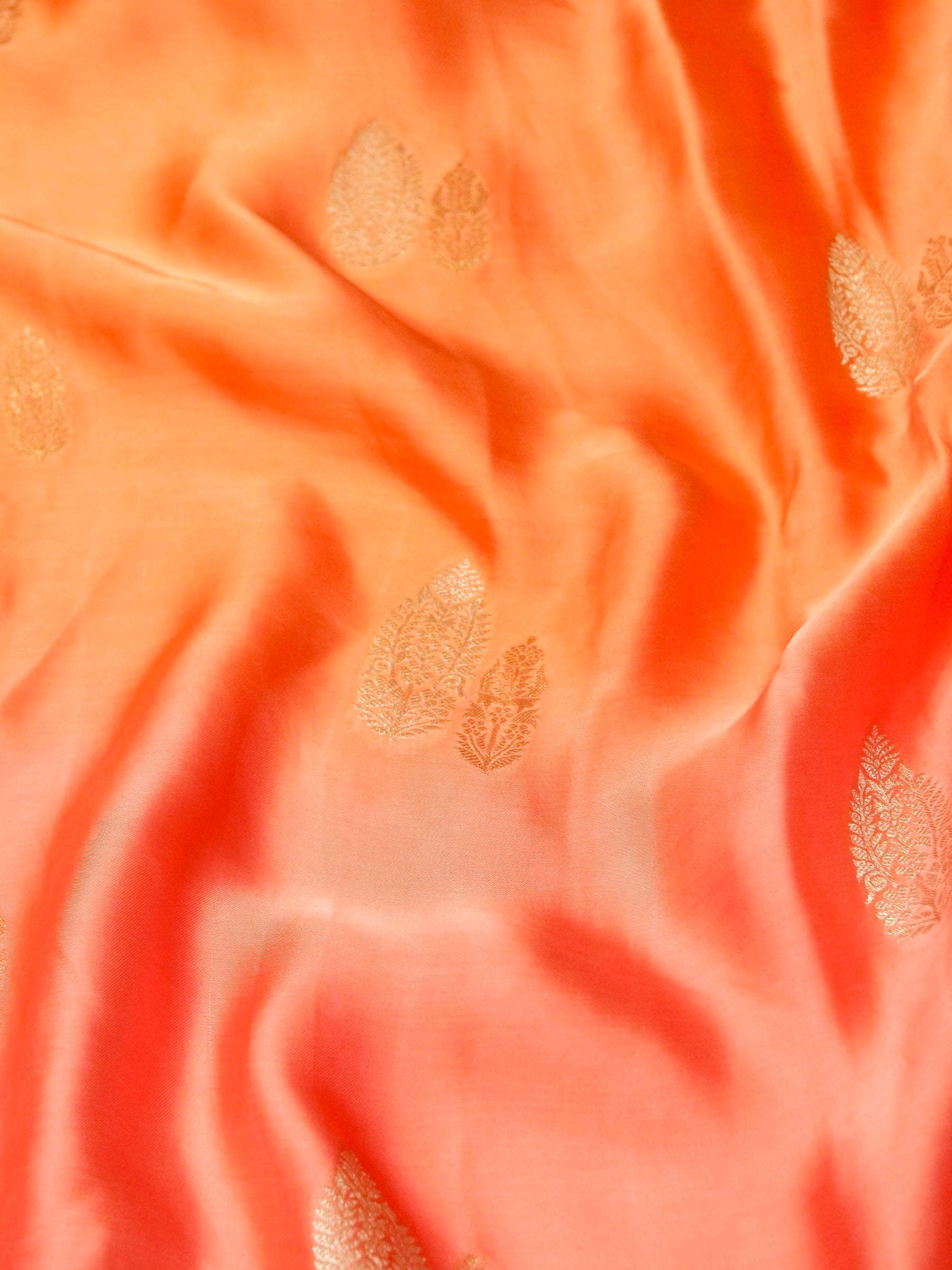 Coral Peach Ombré Mashru Silk Saree with Champagne Border