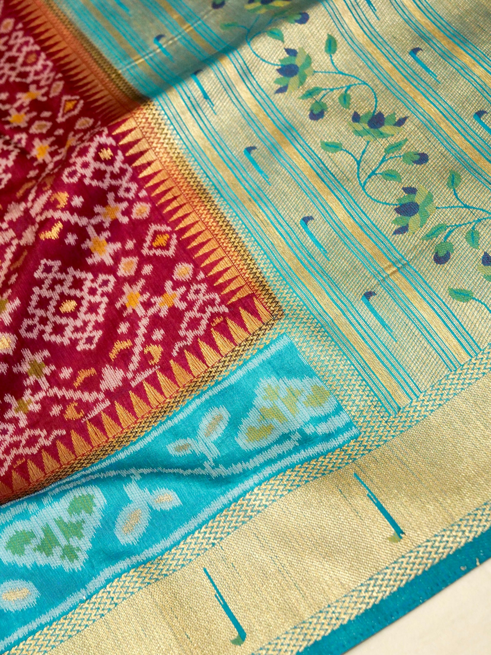 Maroon Wine Patola Silk Saree with Contrast Turquoise Blue Border
