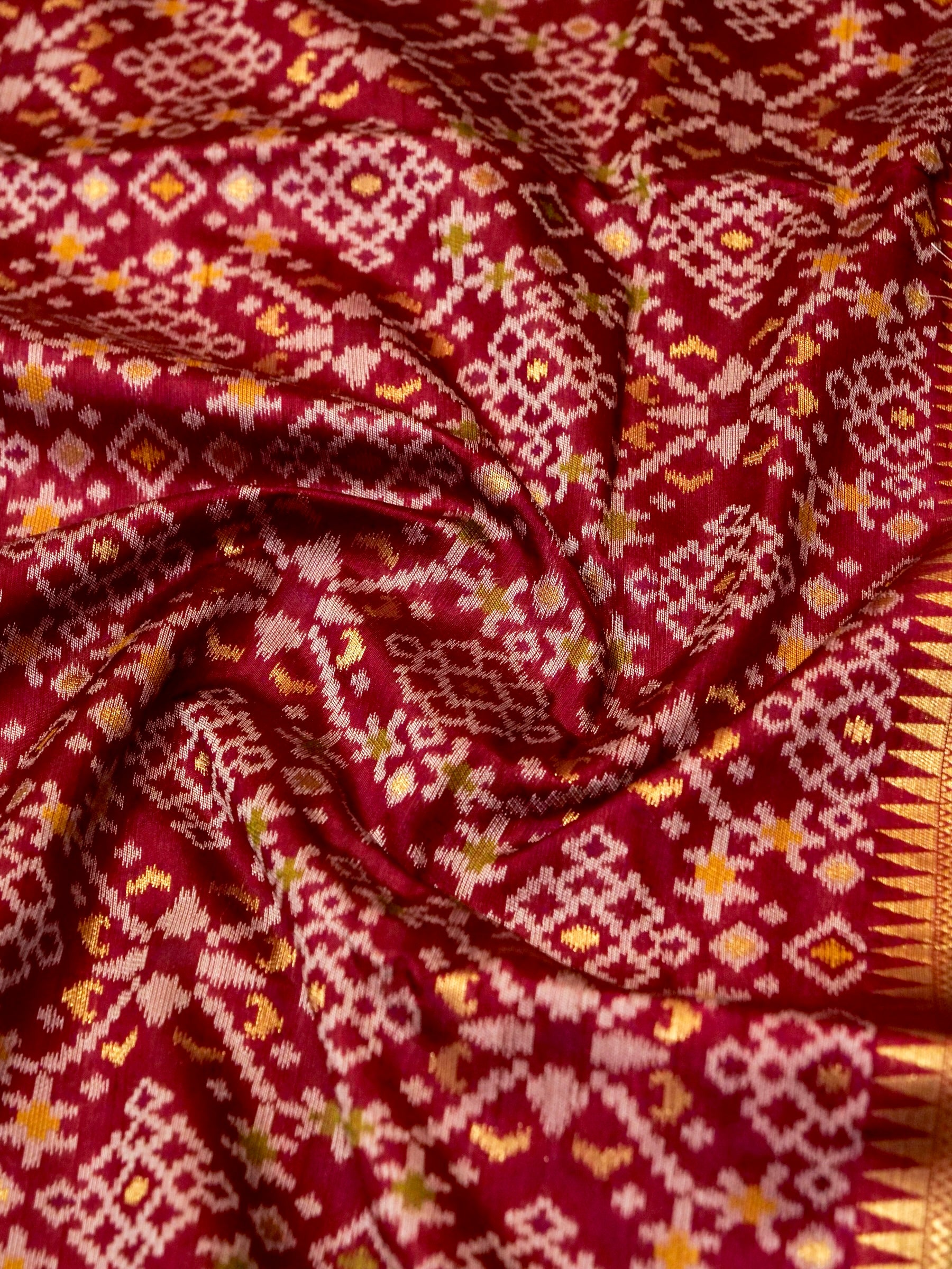 Maroon Wine Patola Silk Saree with Contrast Turquoise Blue Border