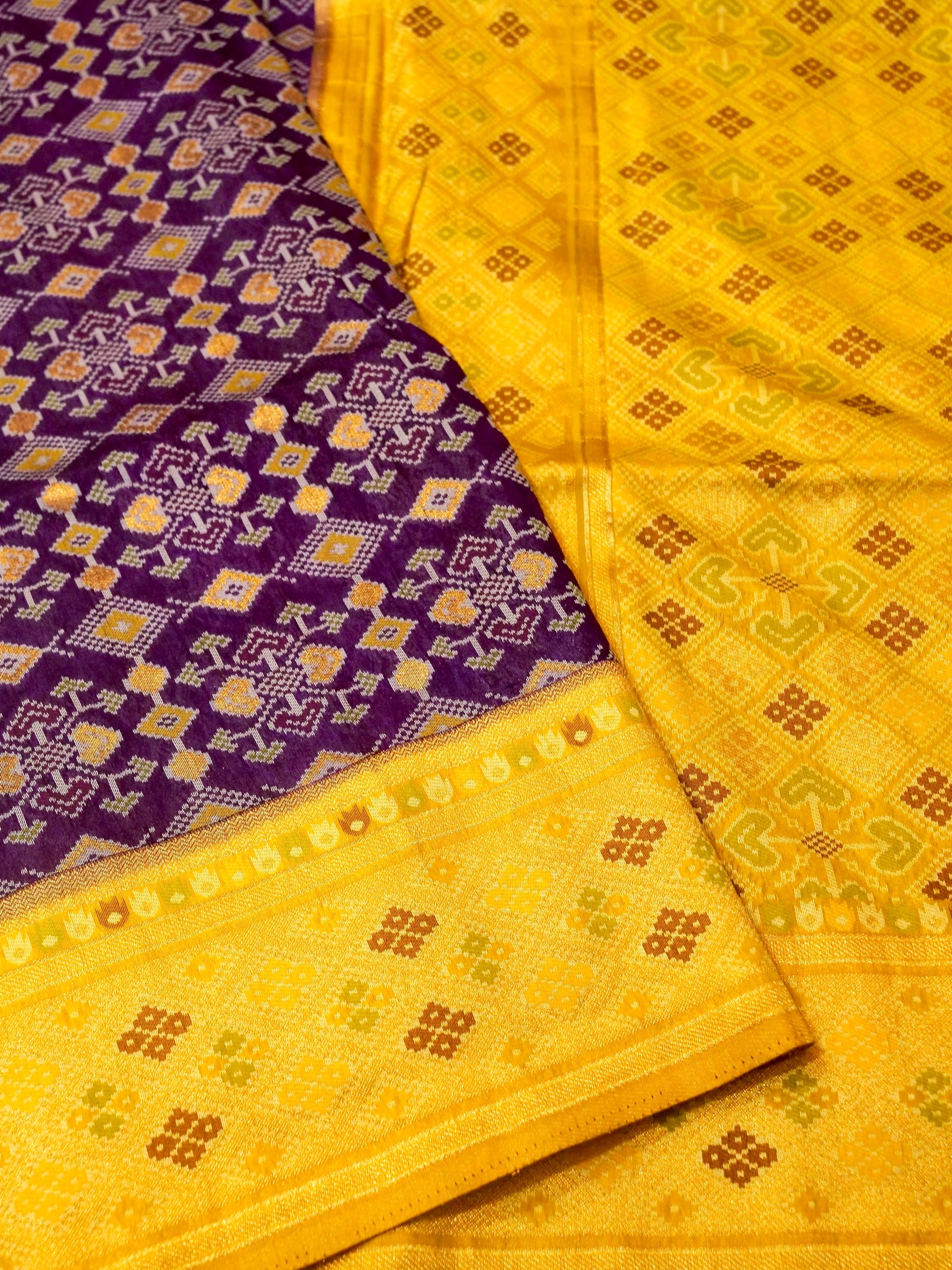 Royal Plum Patola Silk Saree with Contrast Sunflower Yellow Border