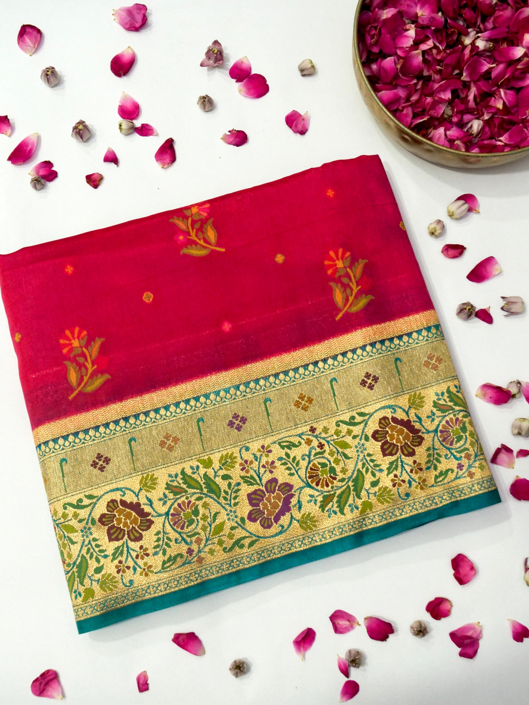 Rani Pink Patola Silk Saree with Contrast Teal Floral Zari Border