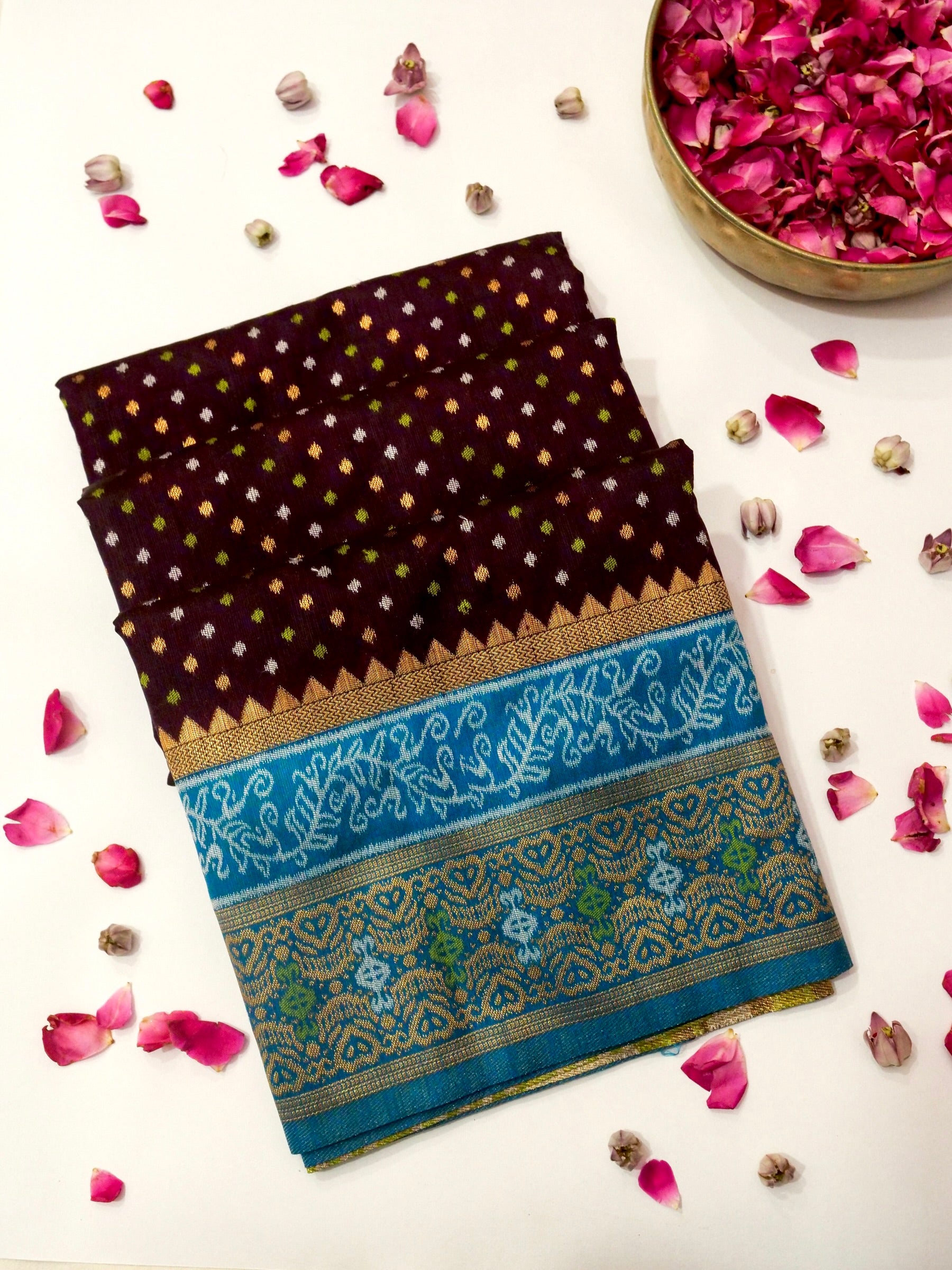 Coffee Brown Patola Silk Saree with Contrast Aqua Border
