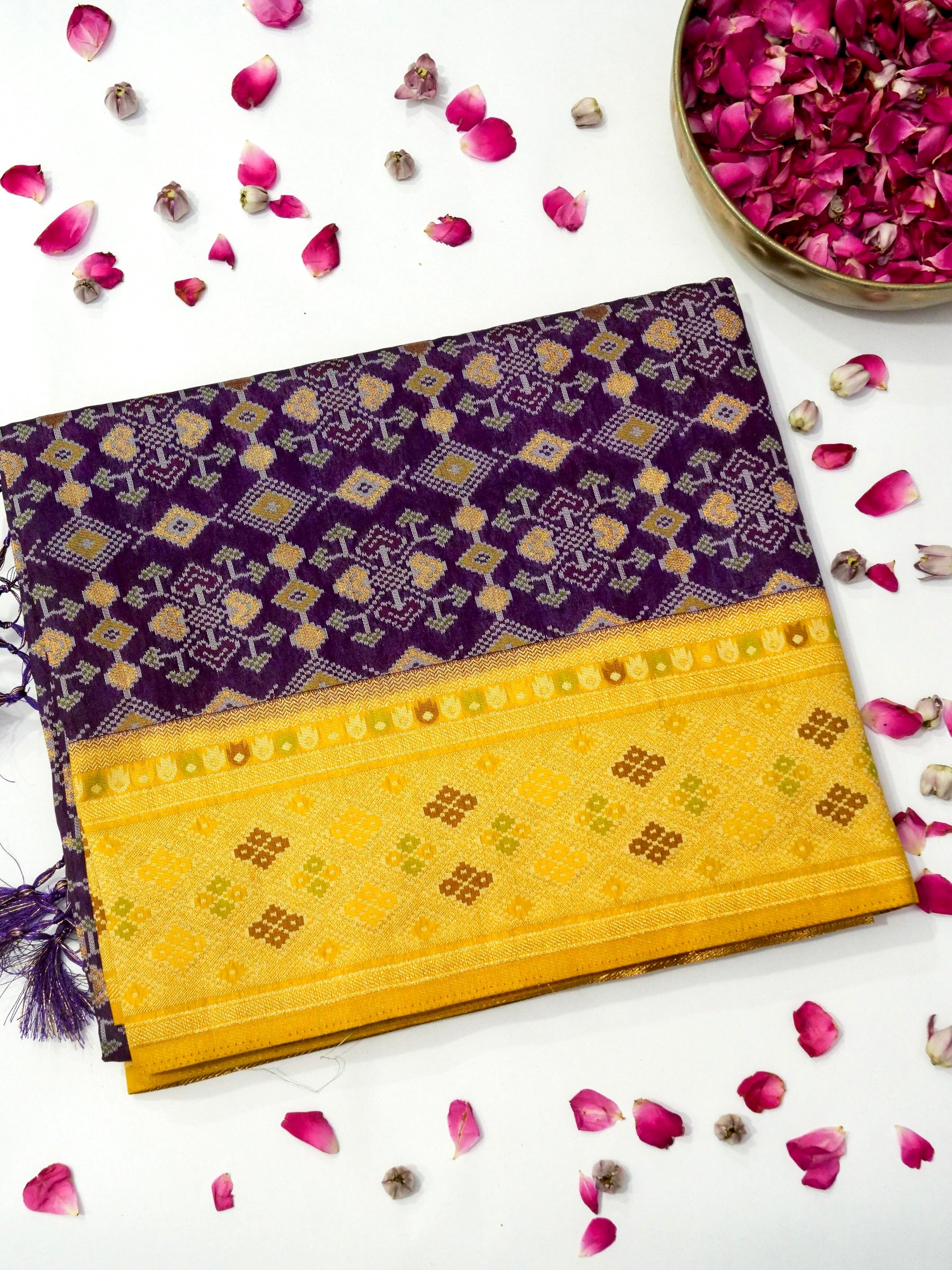 Royal Plum Patola Silk Saree with Contrast Sunflower Yellow Border