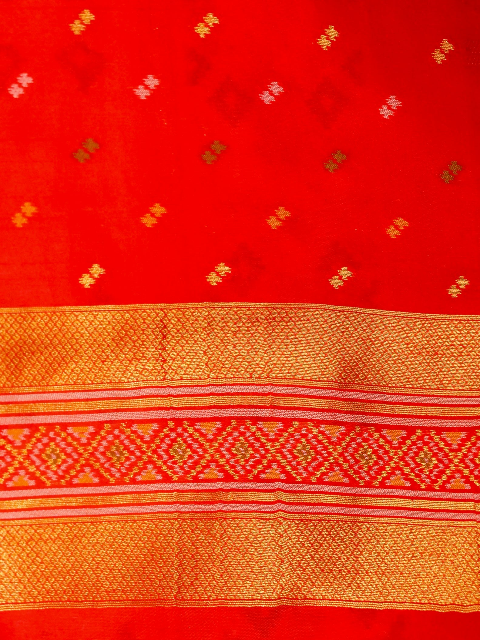 Soft Ivory Patola Silk Saree with Coral Red Border