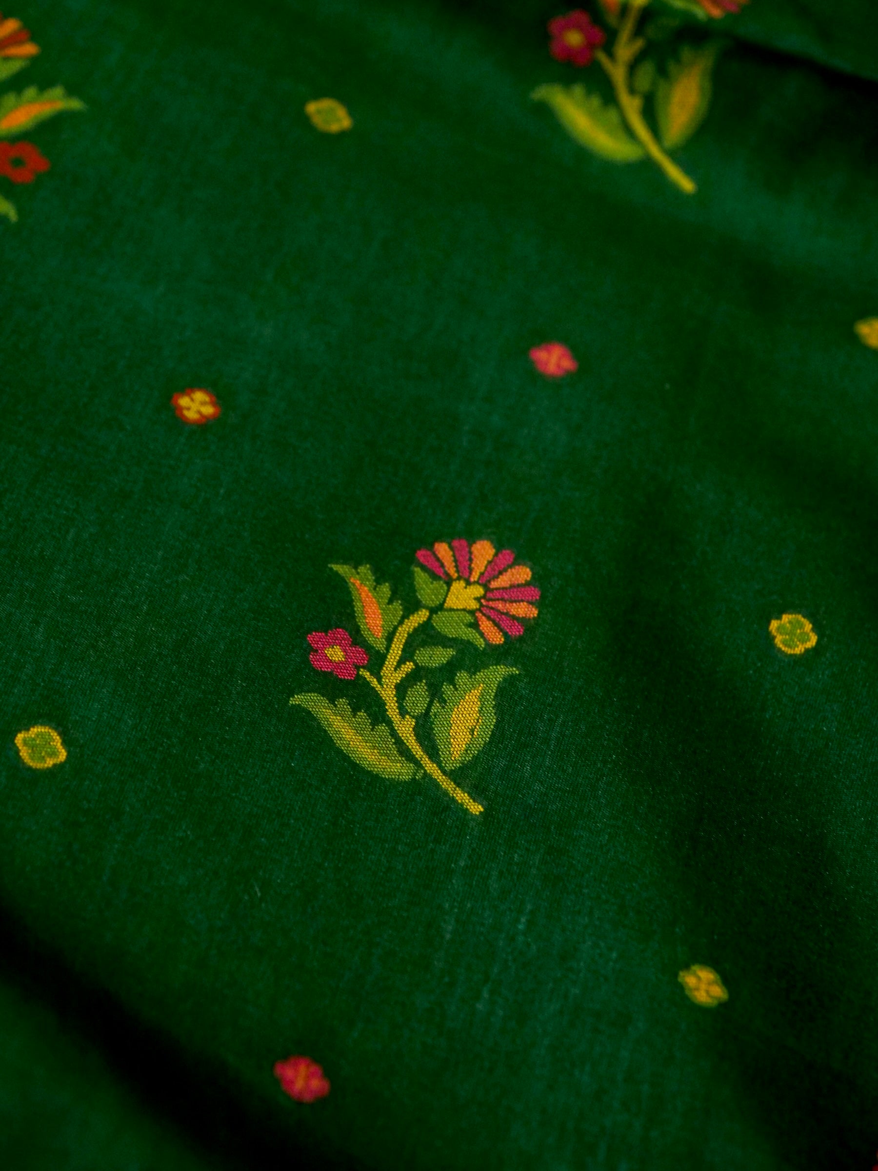 Bottle Green Patola Silk Saree with Contrast Coral Floral Zari Border