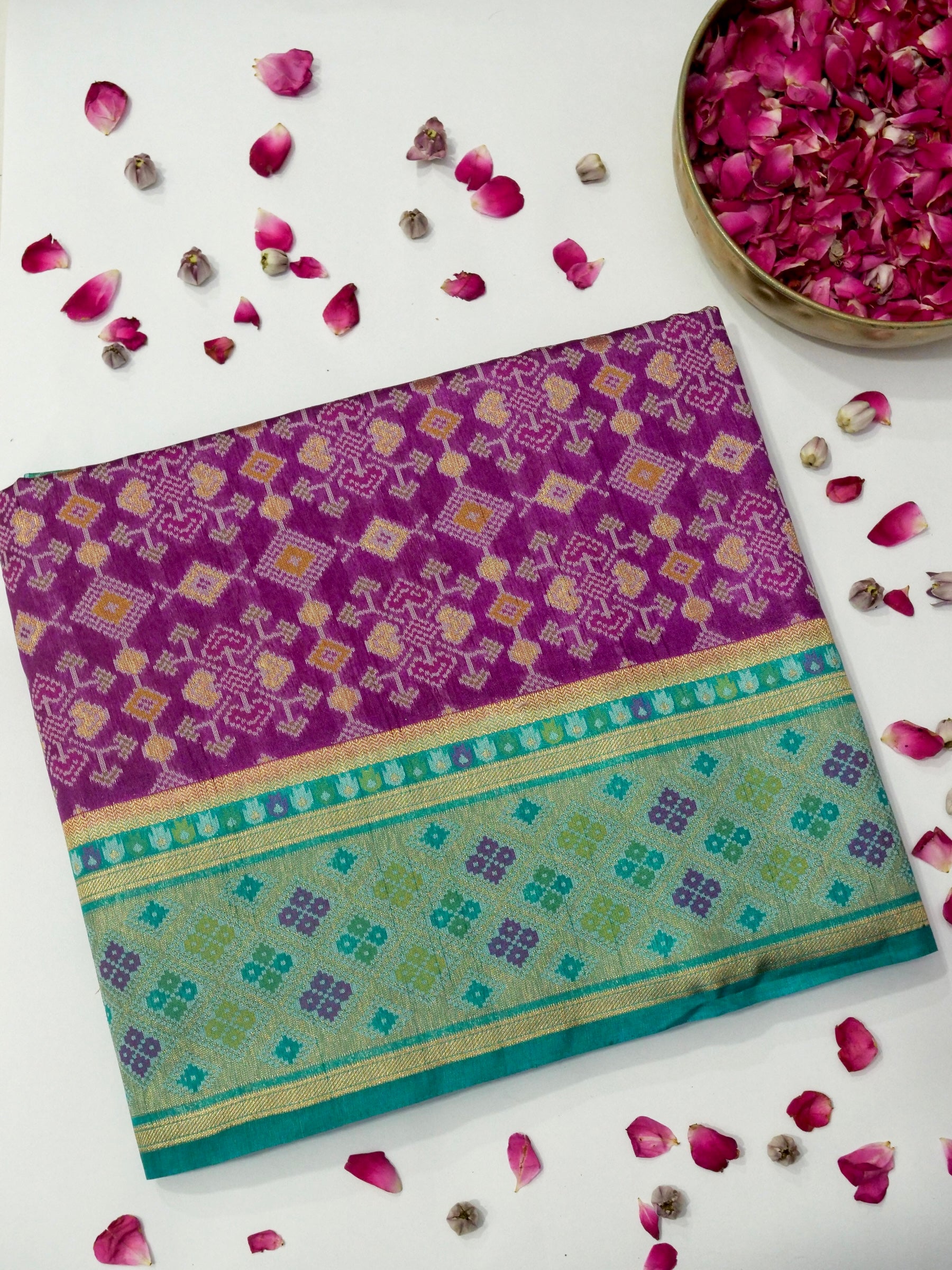 Orchid Purple Patola Silk Saree with Contrast Turquoise Blue Border