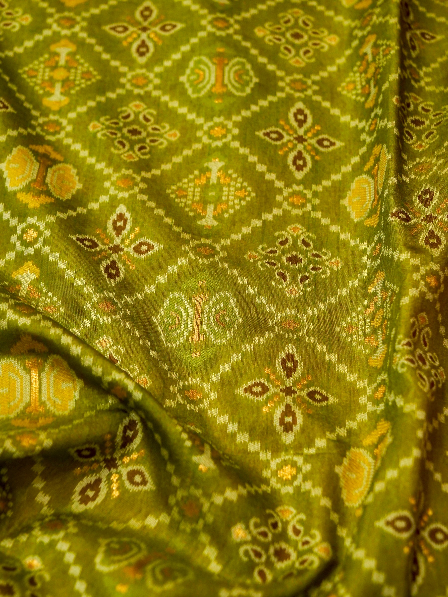 Olive Green Patola Silk Saree with Contrast Rani Pink Border