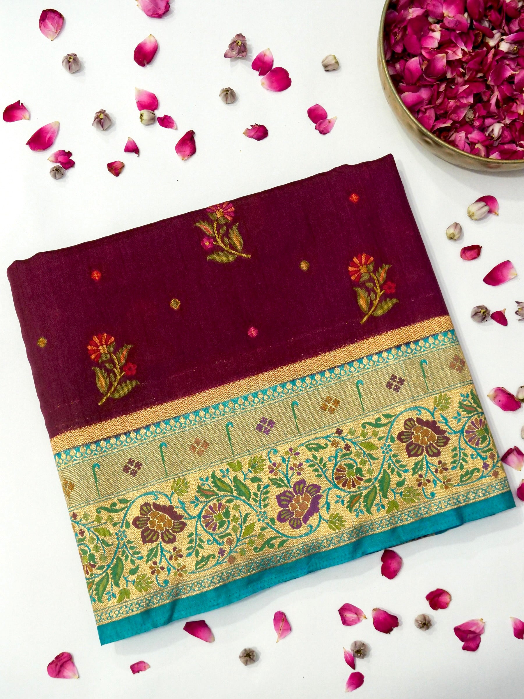 Wine Magenta Patola Silk Saree with Contrast Turquoise Border and Floral Weave