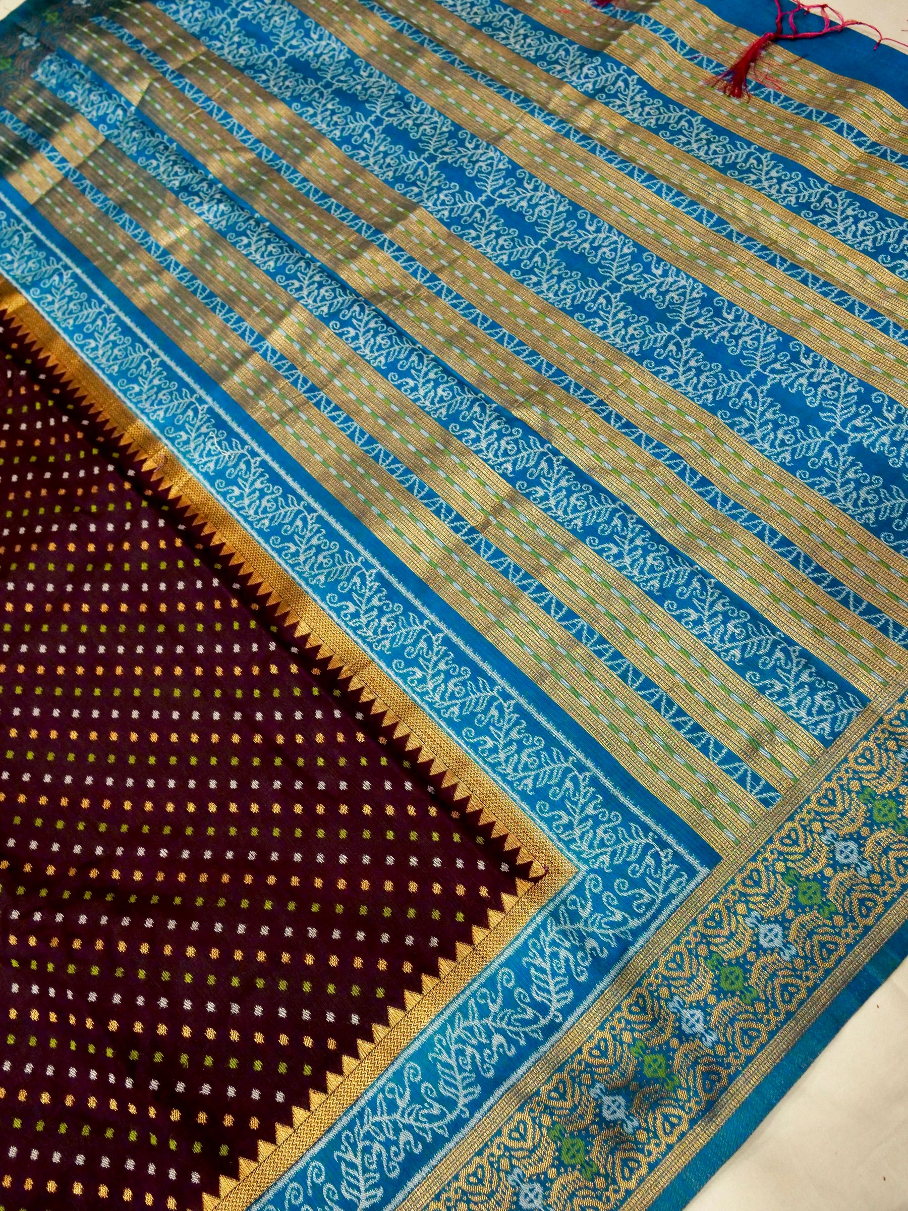 Coffee Brown Patola Silk Saree with Contrast Aqua Border