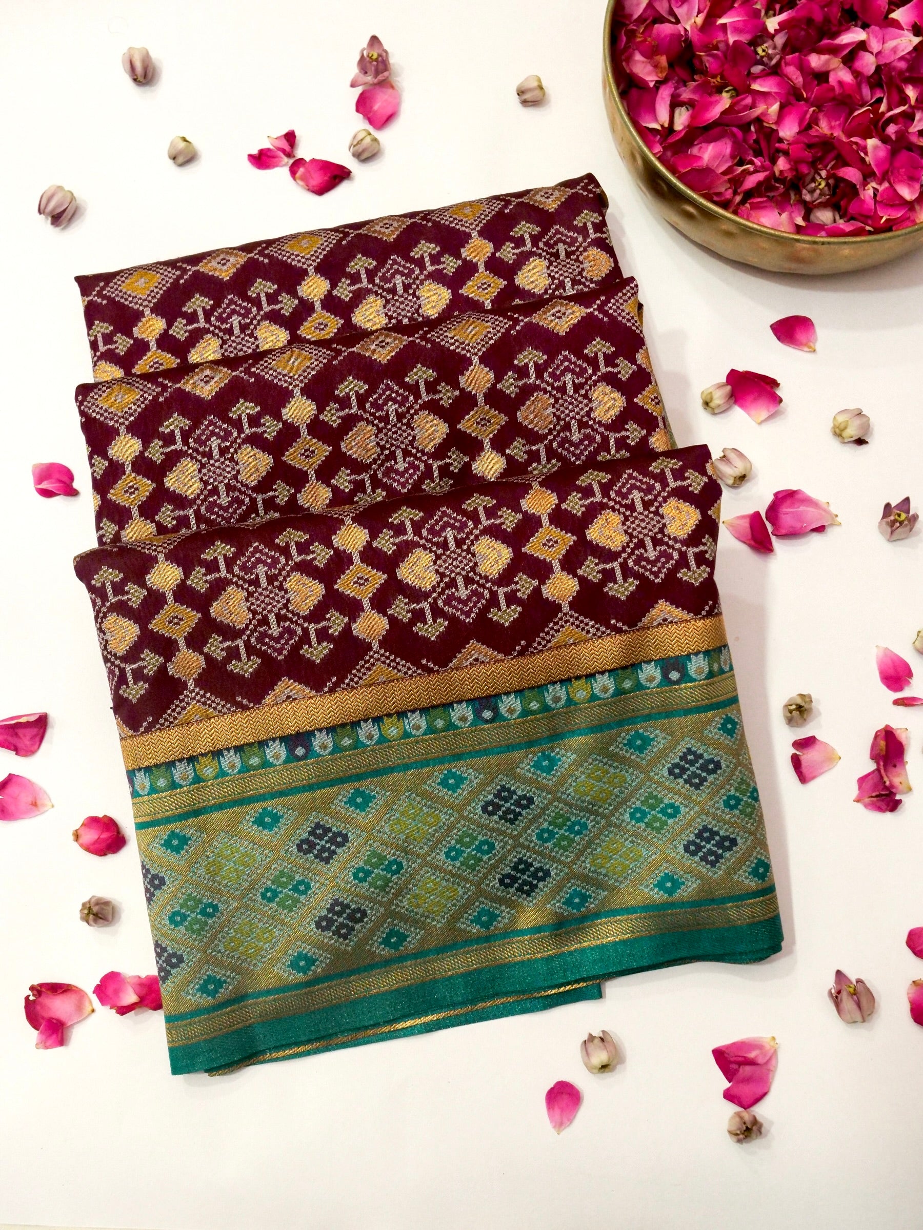 Burgundy Patola Silk Saree with Contrast Teal Border