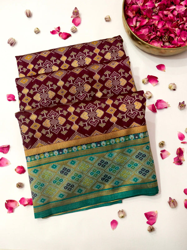 Burgundy Patola Silk Saree with Contrast Teal Border