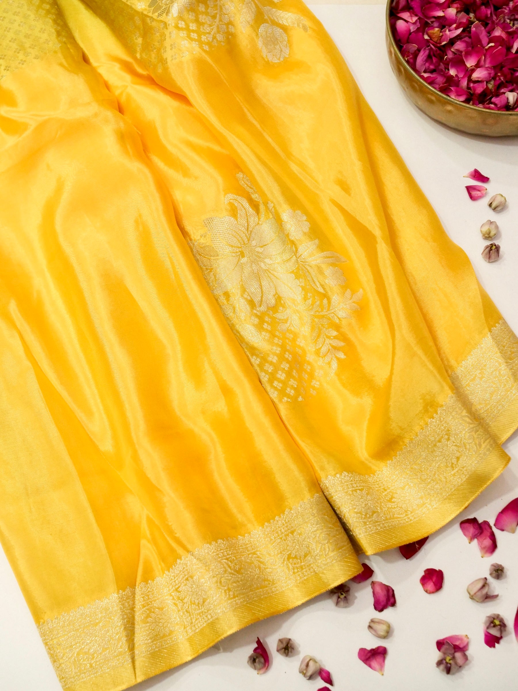 Butter Yellow Ombré Shade Mashru Silk Saree with Champagne Border