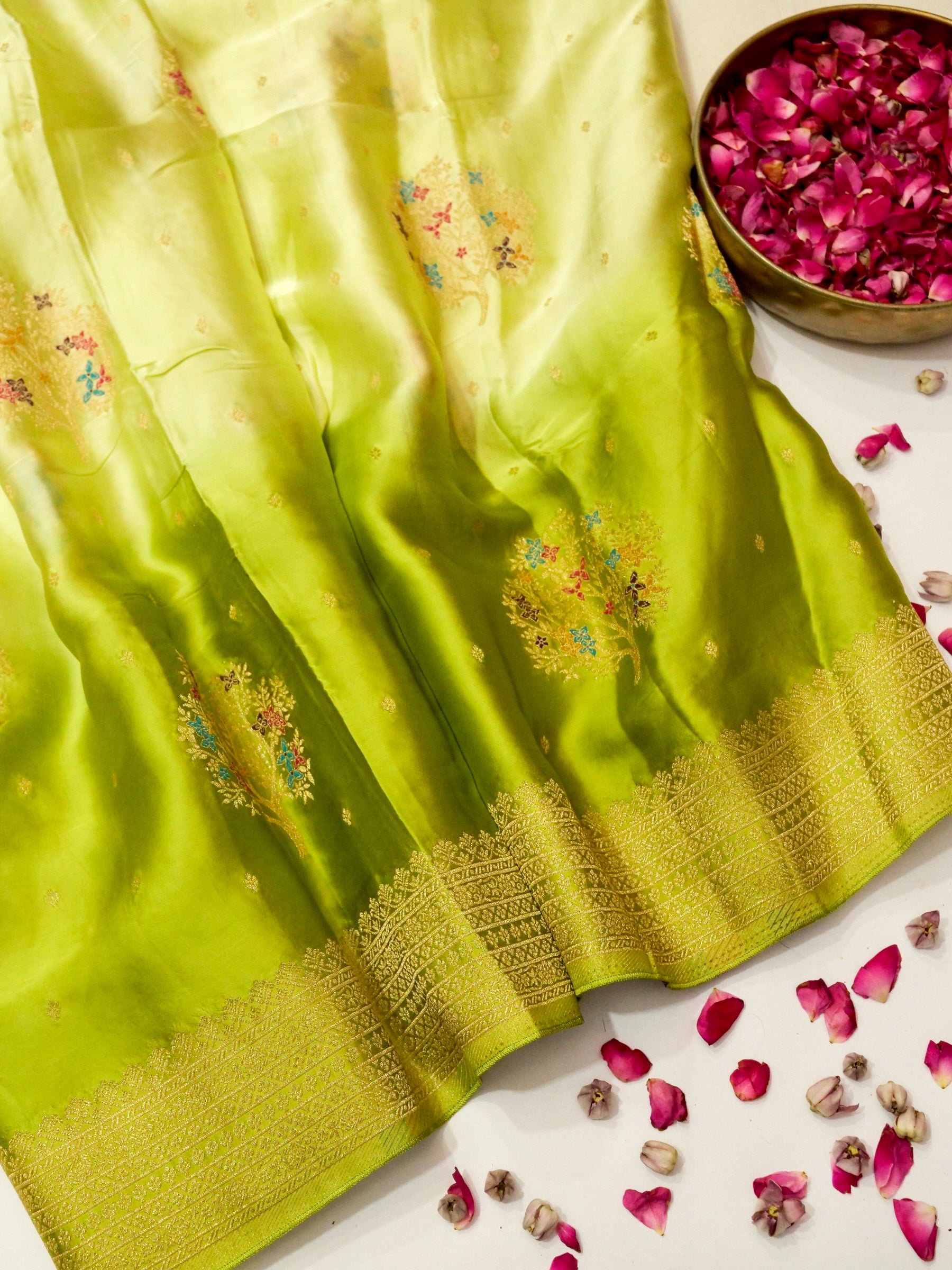 Lime Green Ombré Shade Mashru Silk Saree with Champagne Border